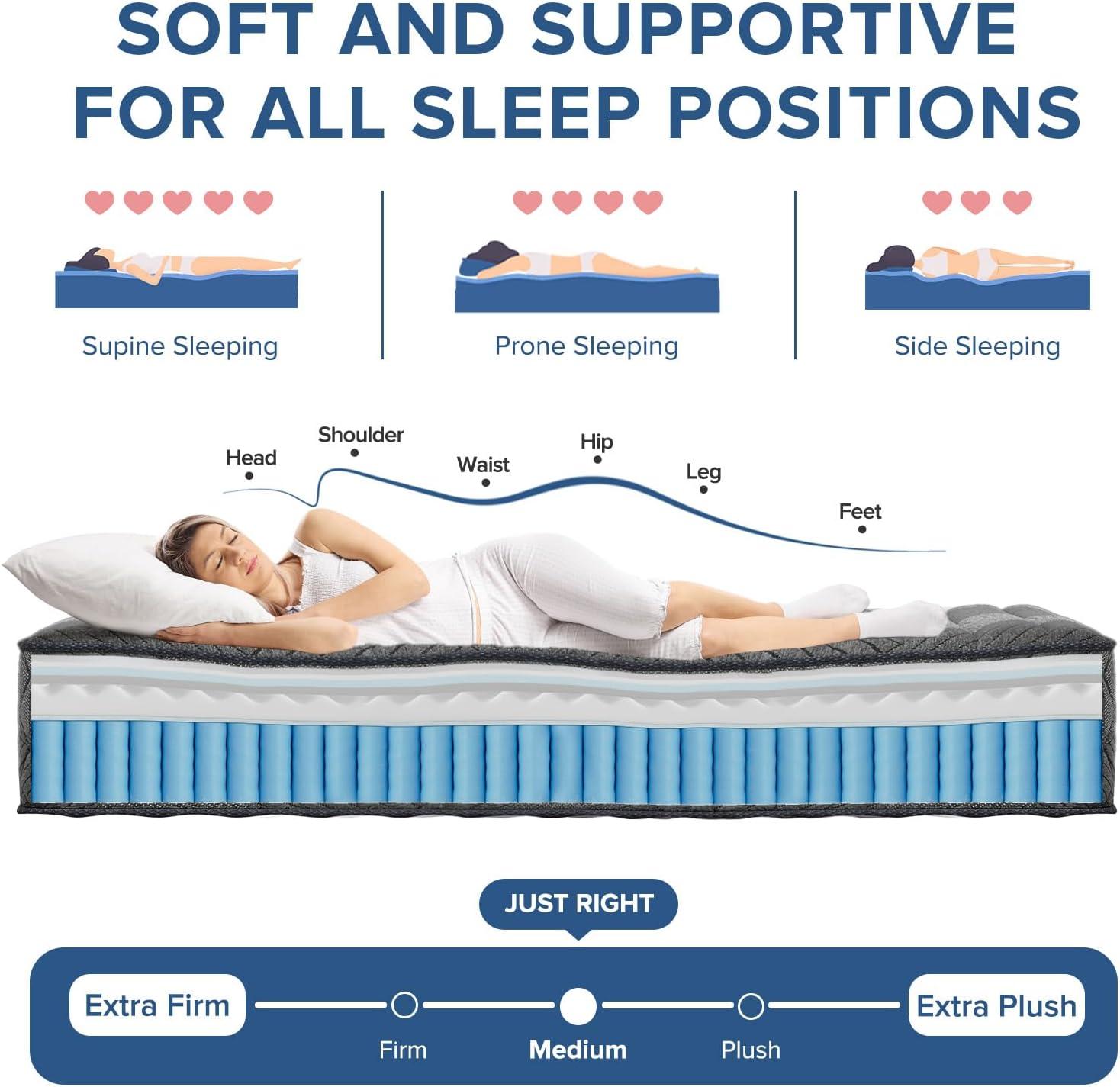 Queen Mattress, 10 Inch Medium Firm Hybrid Mattress with Pocketed Springs, Breathable Convoluted Foam, Queen Size Mattress in a Box with Pressure Relief and Support, Antistatic, CertiPUR-US Certified
