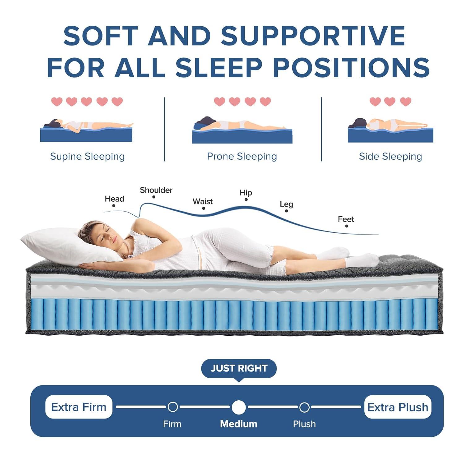 Queen Mattress, 10 Inch Medium Firm Hybrid Mattress with Pocketed Springs, Breathable Convoluted Foam, Queen Size Mattress in a Box with Pressure Relief and Support, Antistatic, CertiPUR-US Certified