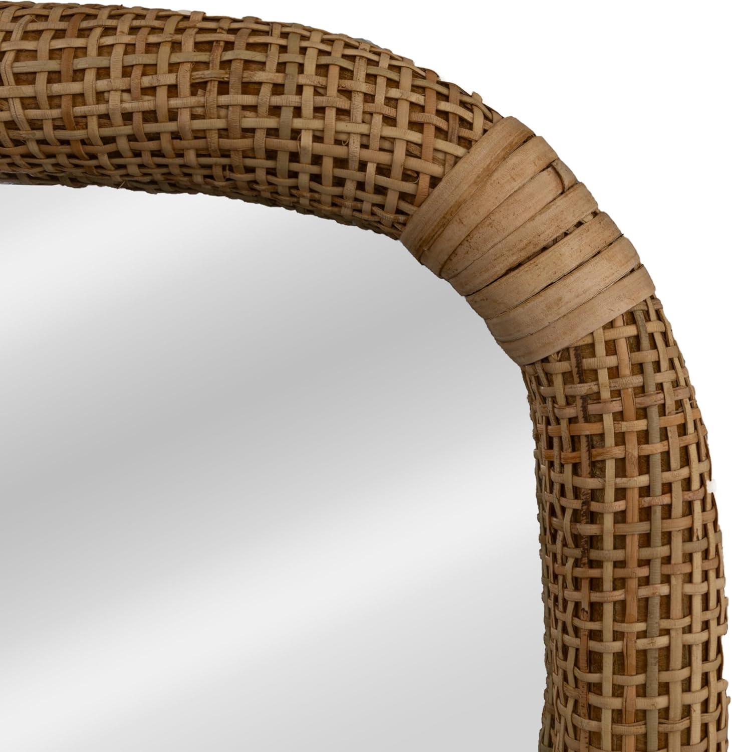 Storied Home Wavy Rectangle Handwoven Rattan Cane Wall Mirror, Natural
