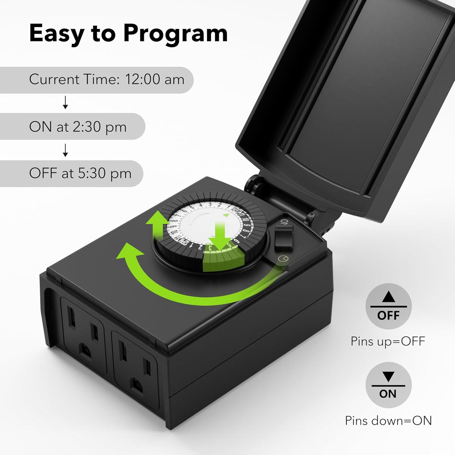 BN-LINK Compact Outdoor Mechanical Timer, 24 Hour Programmable Dual Outlet Timer - Plug in, Waterproof, Heavy Duty, For Lamps Christmas Lights