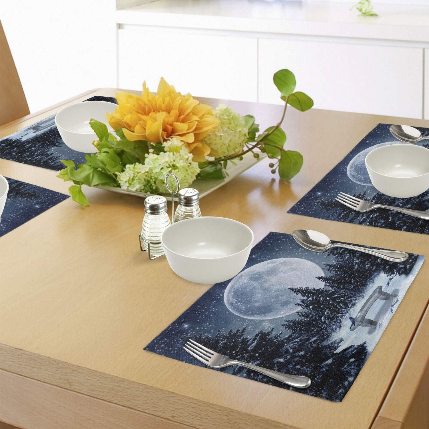 Ambesonne White Place Mats Set of 4, Moonlight Forest Bird, Standard Size, Blue White