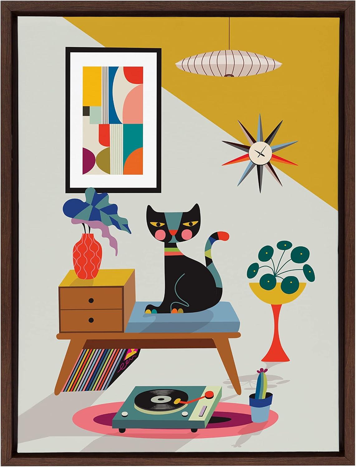 Colorful Boho Cat and Record Player Canvas Art, 18x24