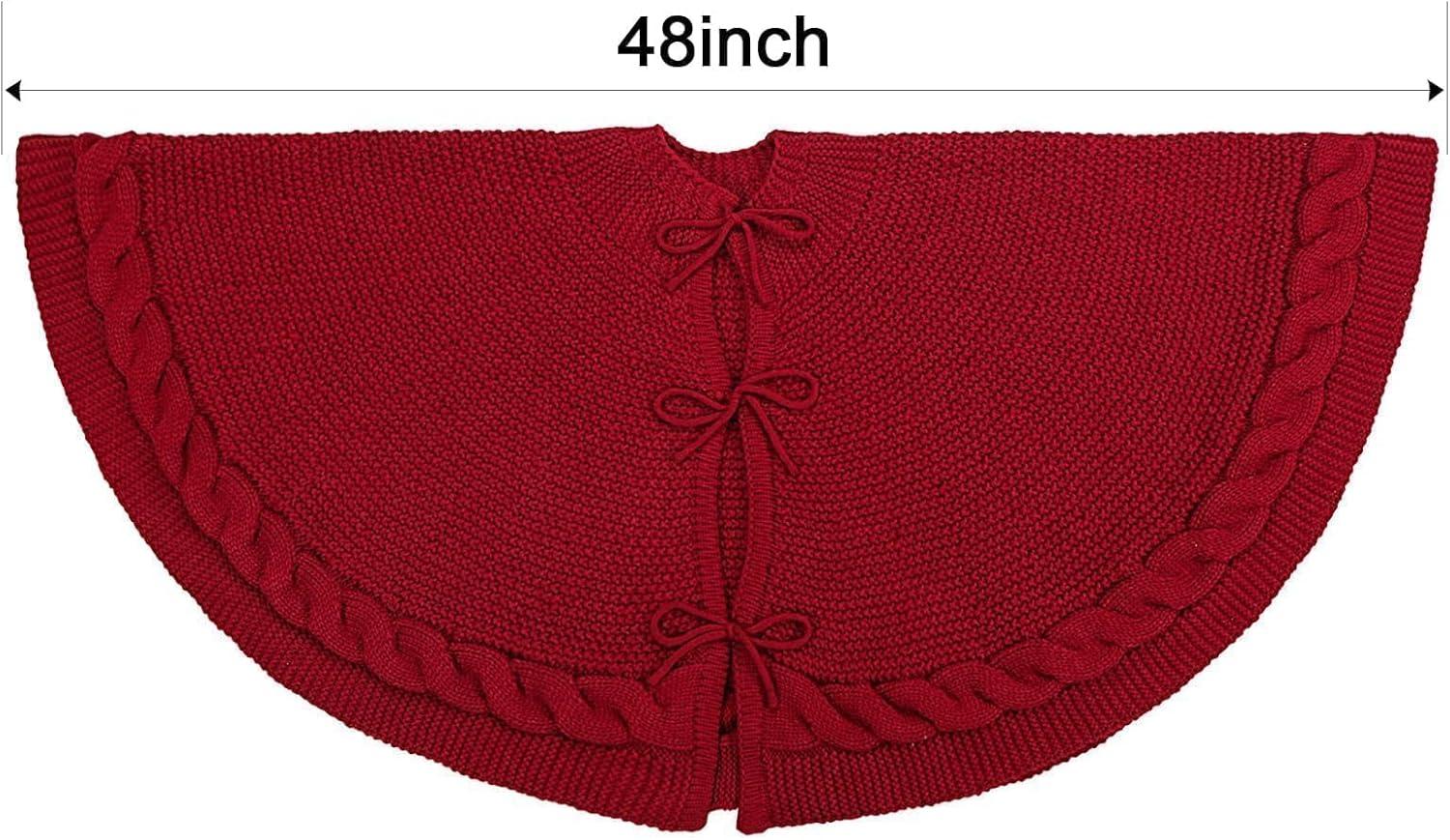 TETOU 48In Knitted Christmas Tree Skirt, Wine Red Tree Skirt, Braided Cable Knit Thick Rustic Christmas Tree Decorations, Farmhouse Christmas Decor Xmas Holiday Home Party Decorations