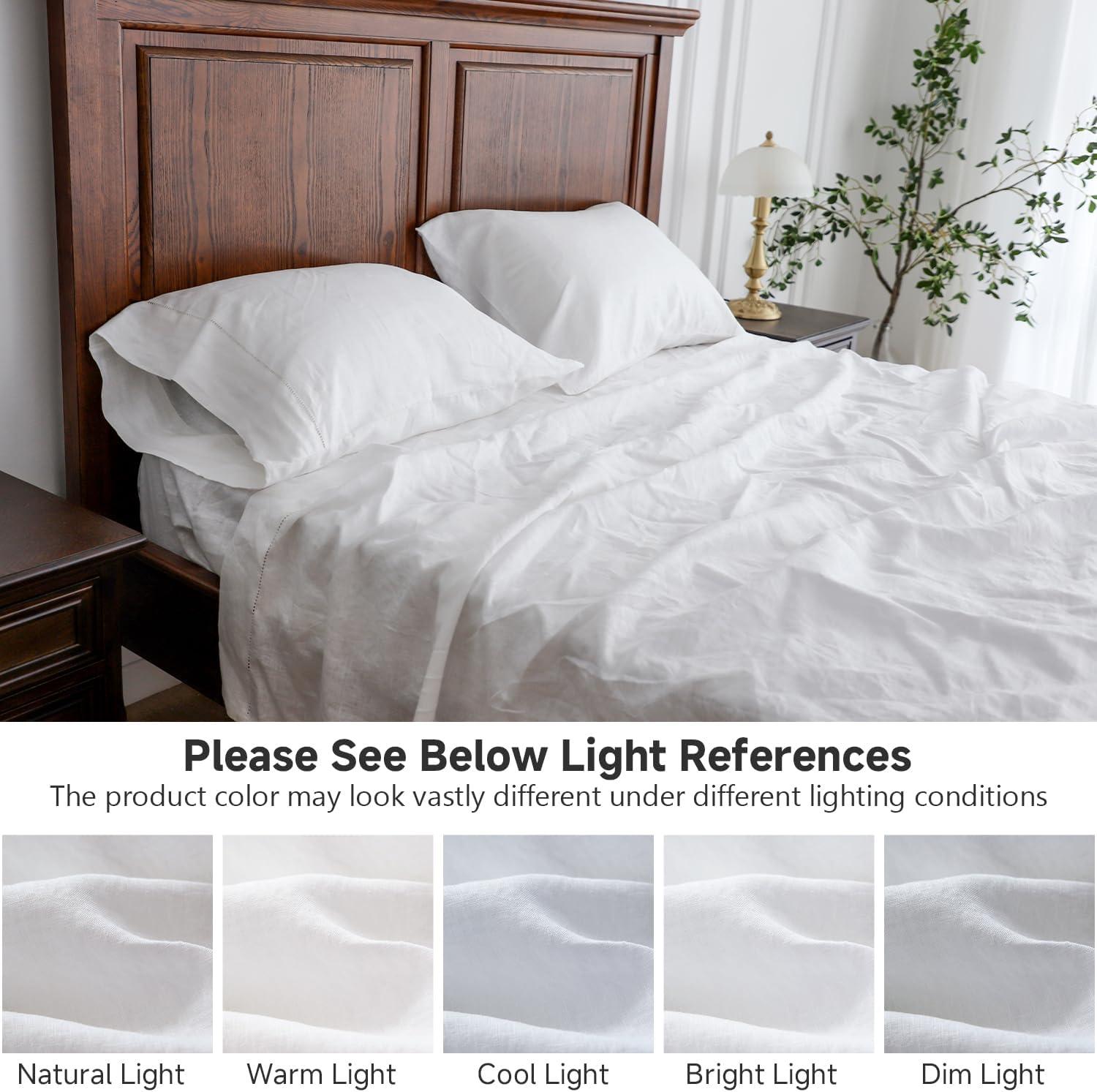 Simple&Opulence Belgian Linen Sheet Set Solid Color - 4 Pieces (1 Flat Sheet, 1 Fitted Sheet & 2 Pillowcases) Natural Flax Cotton Blend Soft Breathable Farmhouse Bedding - Full Size, White