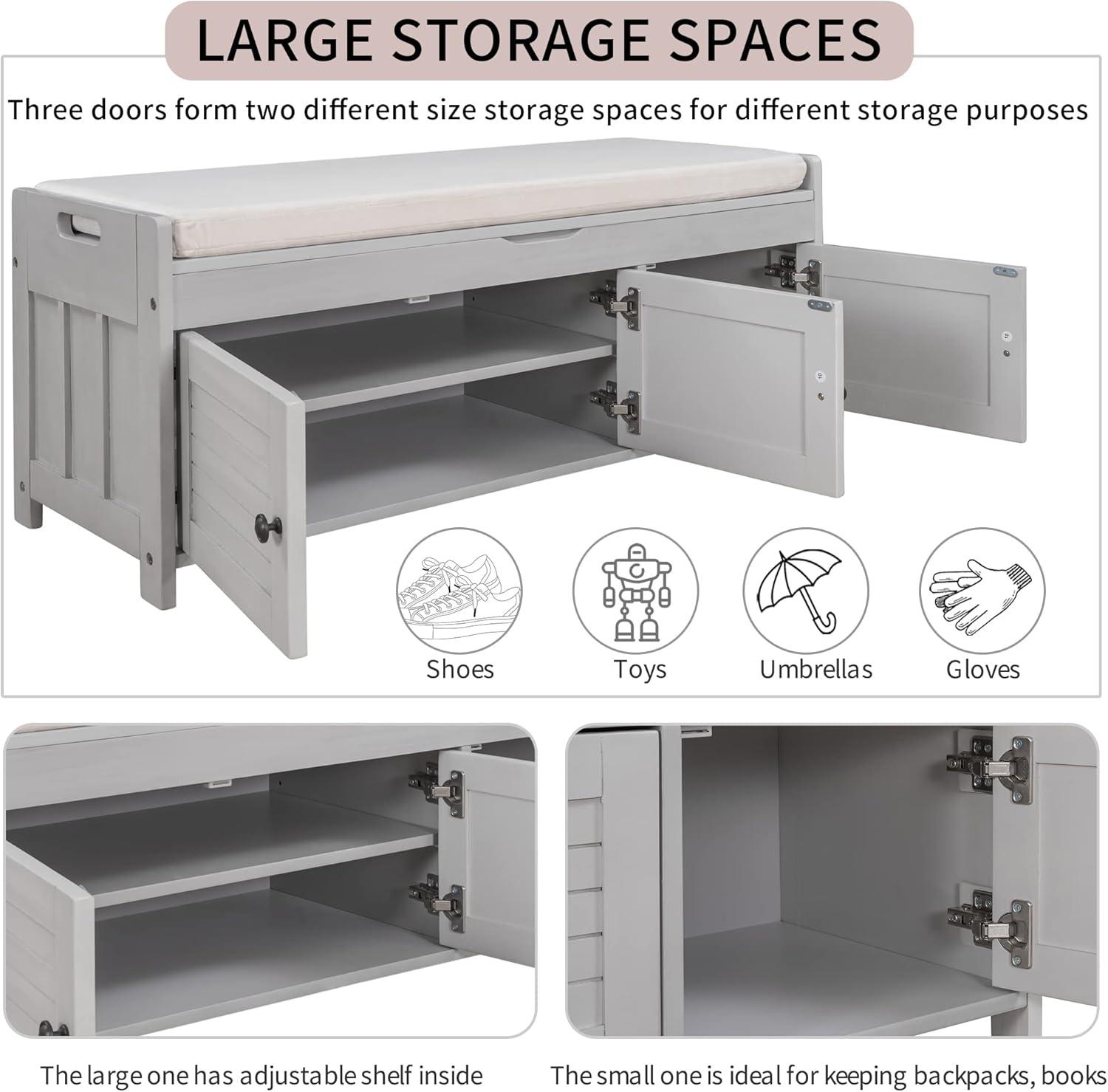 Gray Wash Pine Wood Storage Bench with Shutter Doors and Cushion