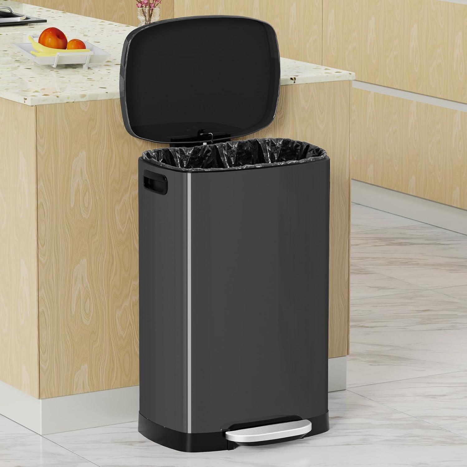 FDW 13 Gallon Stainless Steel Step Kitchen Trash Can with Lid, Fingerprint-Proof for Indoor(Black)