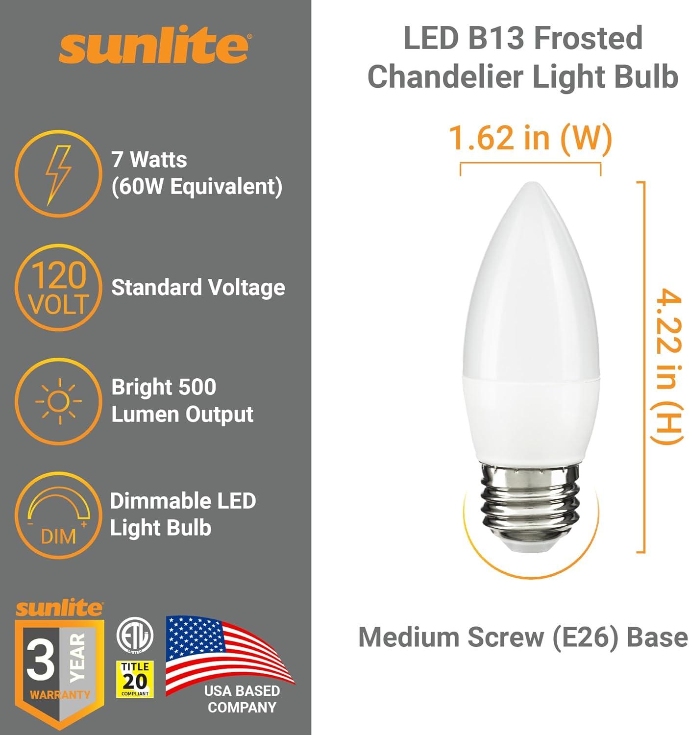 Sunlite LED B13 Decorative Chandelier Light Bulb, 7 Watts (60W=), 500 Lumens, 120 Volts, Dimmable, E26 Base,  90 CRI, ETL Listed, Torpedo Frosted, Title-20, 4000K Cool White, 6 Pack