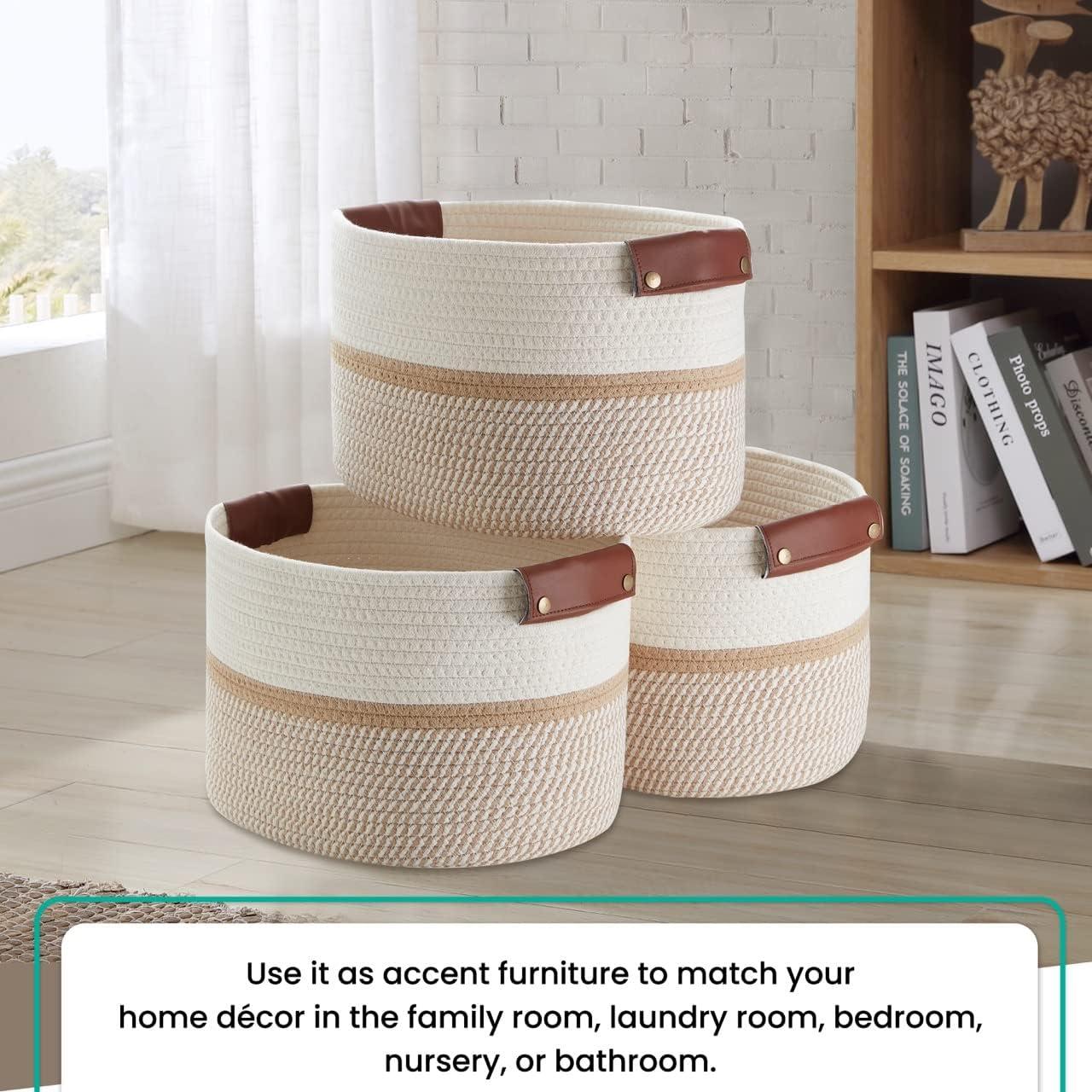 3 Pack Woven Cotton Rope Shelf Storage Basket with Leather Handles, Baby Nursery Storage Bin Organizers, Closet Shelf Storage - 15 x 10 x 9