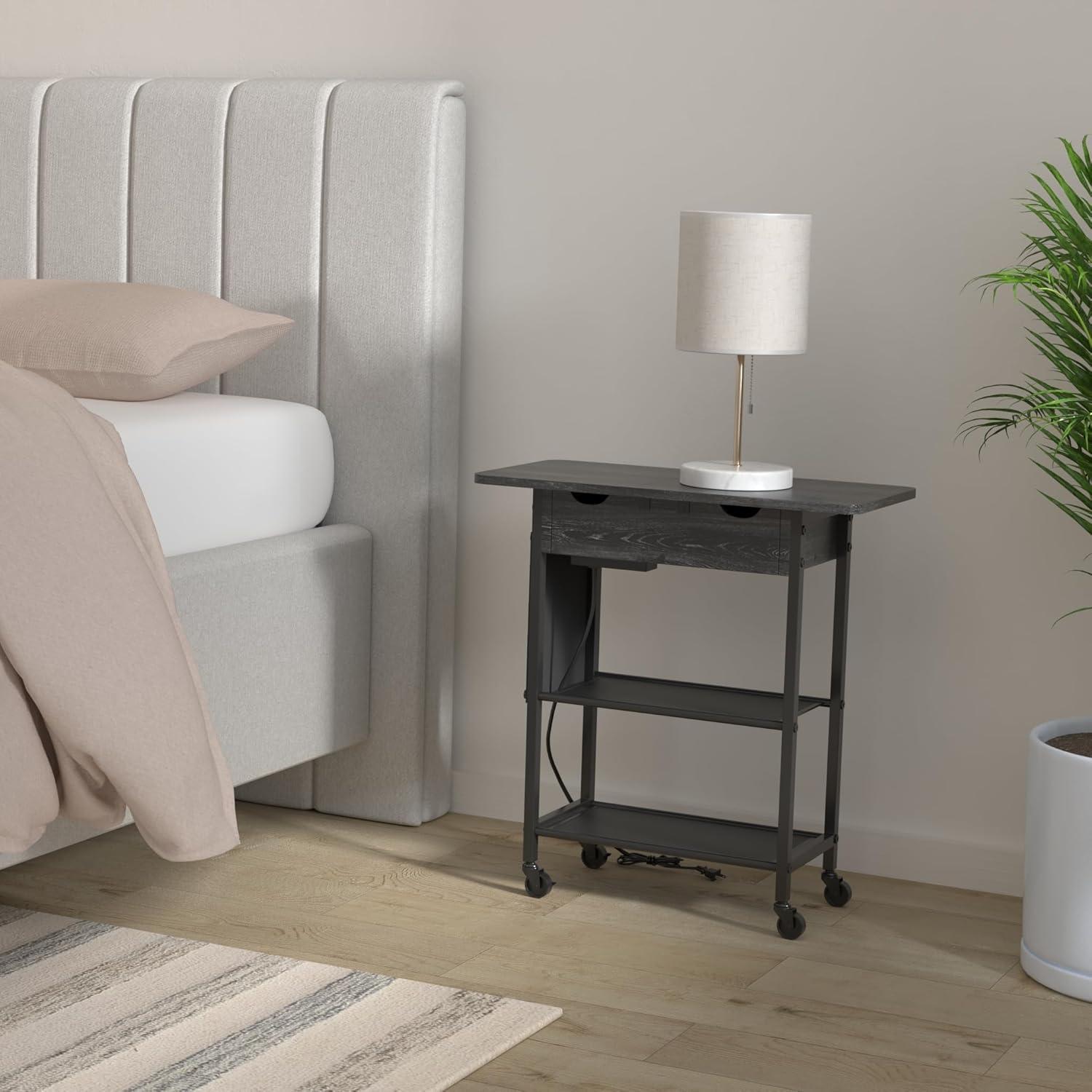 Slim Side Table With Wheels, USB Ports And Outlets, Rolling Narrow End Table With Charging Station And Bag, Flip Top Nightstand With Hidden Storage Shelves For Living Room Bedroom Small Spaces