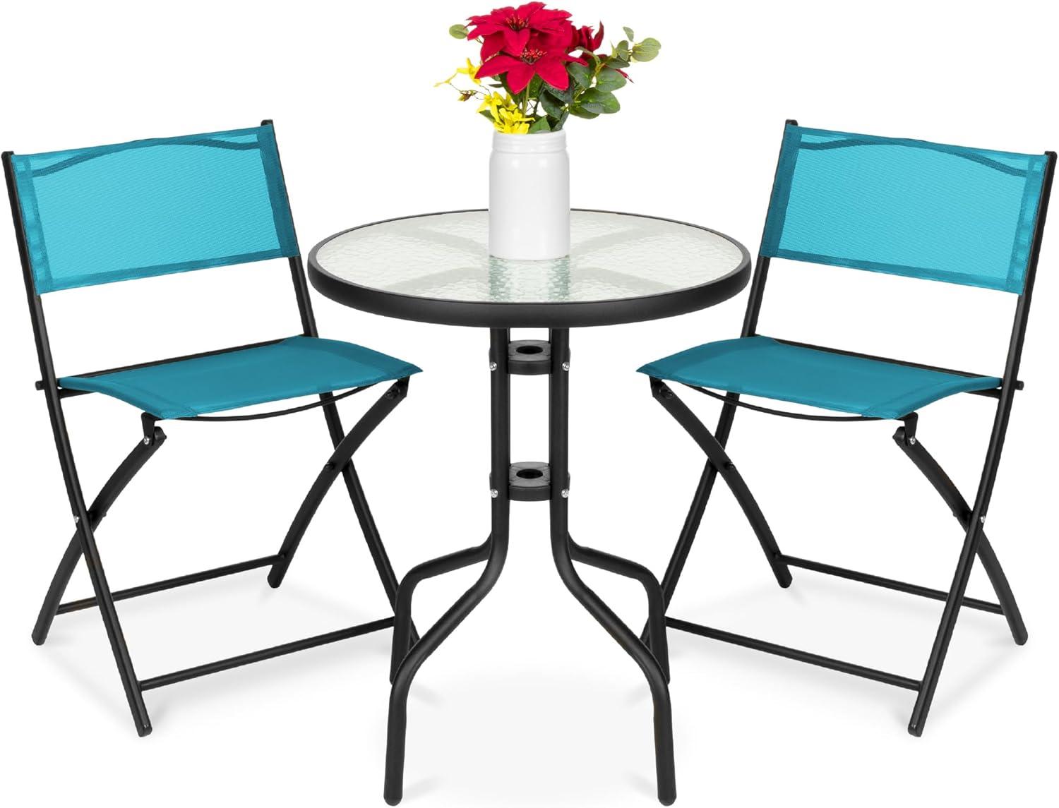 George Oliver 3-Piece Patio Bistro Dining Furniture Set W/ Glass Tabletop, Folding Chairs
