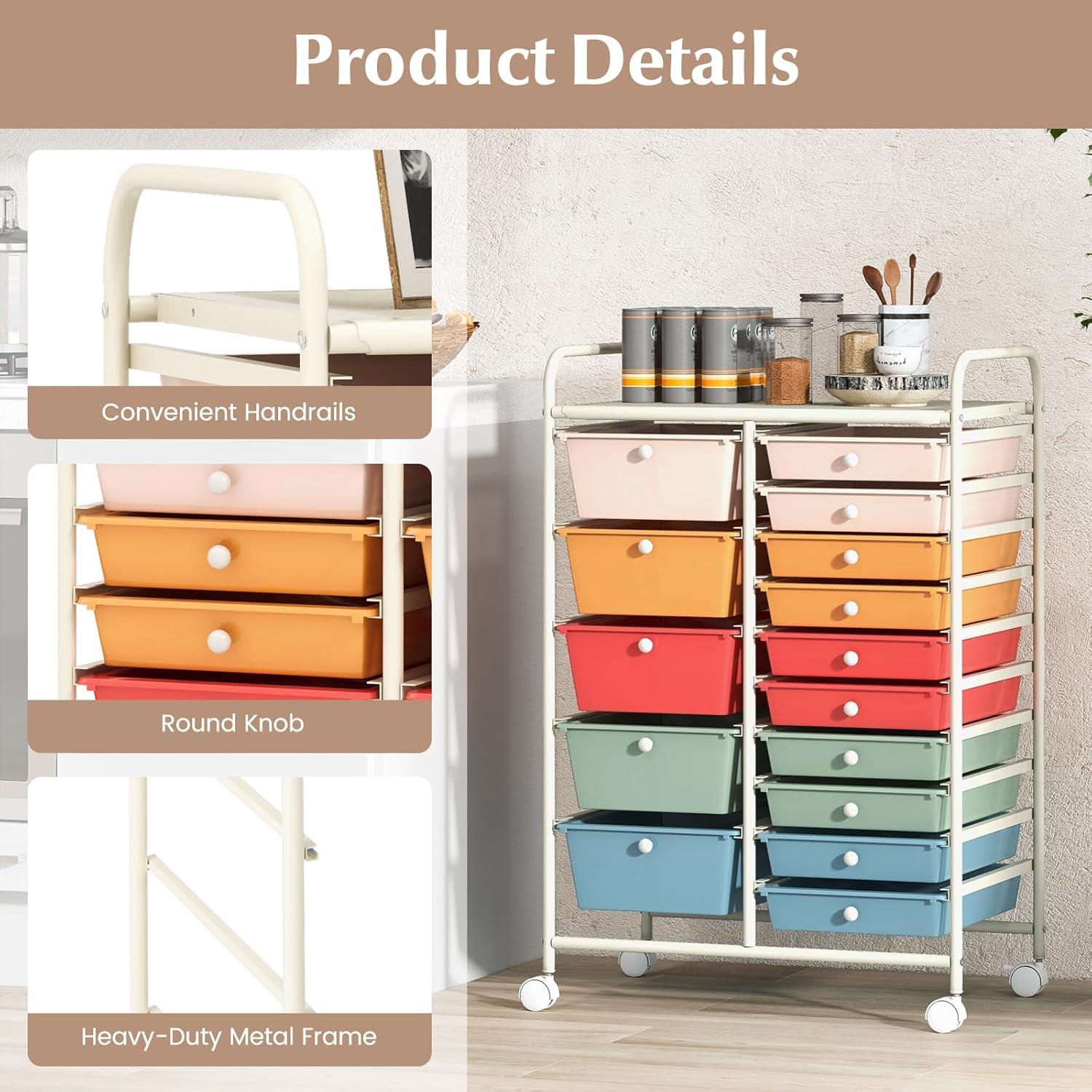 Multicolor 15-Drawer Rolling Storage Cart with Metal Frame