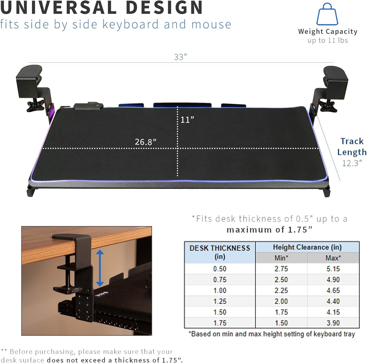 VIVO Black Clamp-on Height Adjustable Under Desk Gaming Keyboard Tray w/ RGB Pad