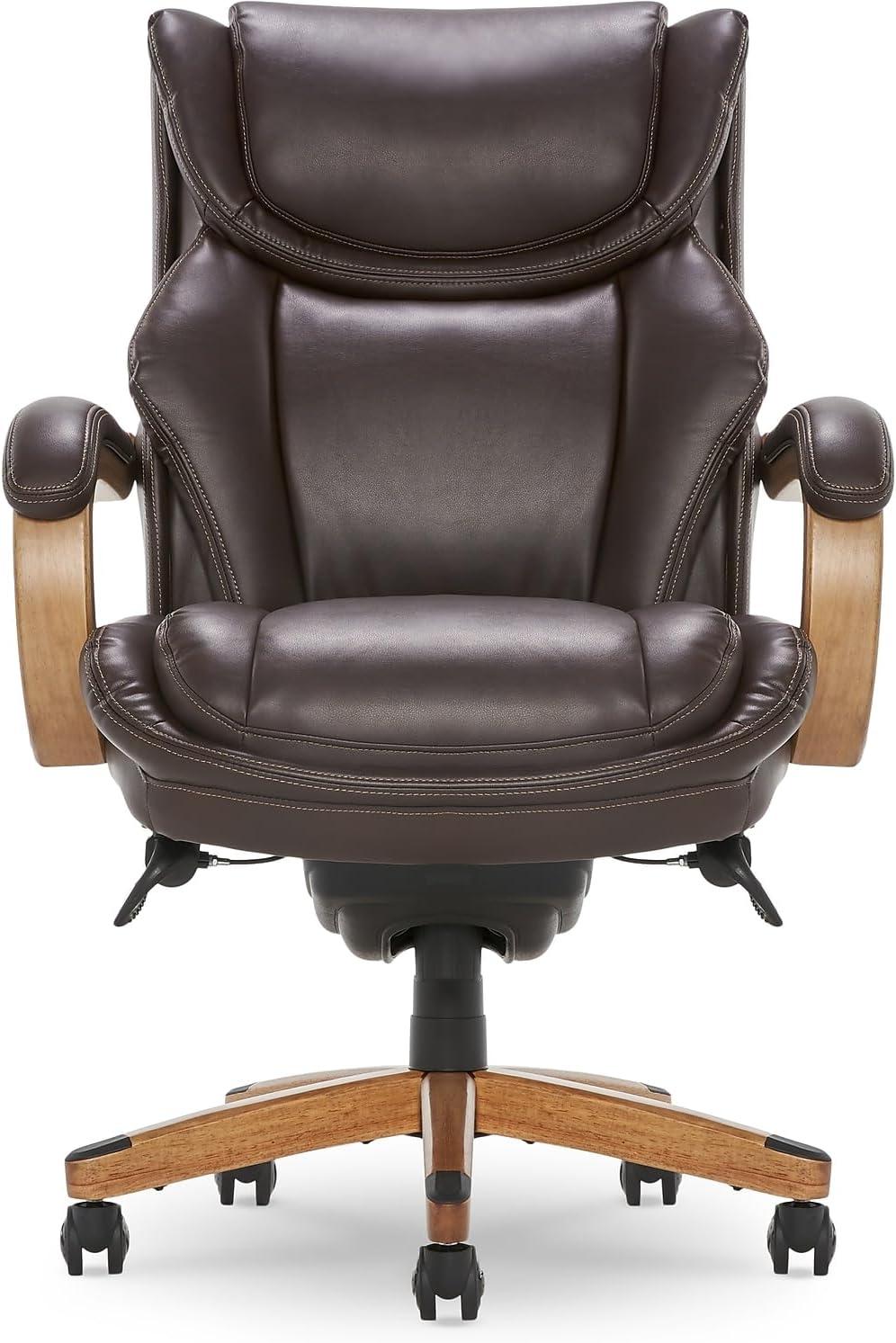 Luxury Coffee Brown Leather Executive Swivel Office Chair with Wood Base