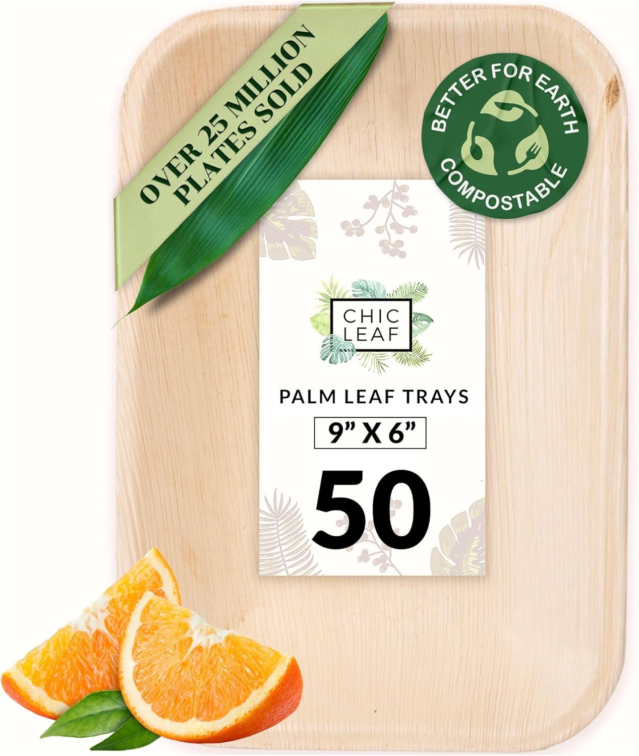 Chic Leaf Disposable Palm Leaf Trays, 17" x 12", 10 Pack, Compostable, Eco-Friendly Platters Charcuterie Board