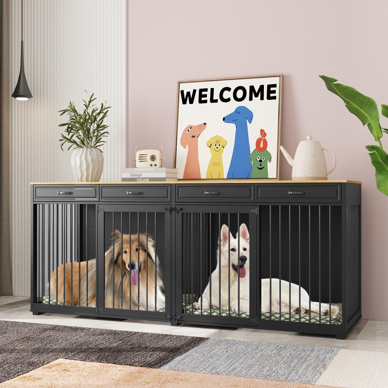 Famapy Spacious Large Double Dog Cage Furniture with Multiple Drawers Black