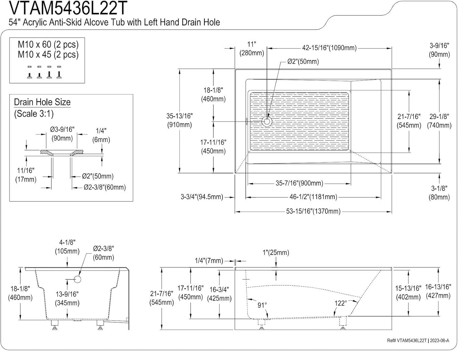 Glossy White 54-Inch Acrylic Alcove Tub with Left Hand Drain