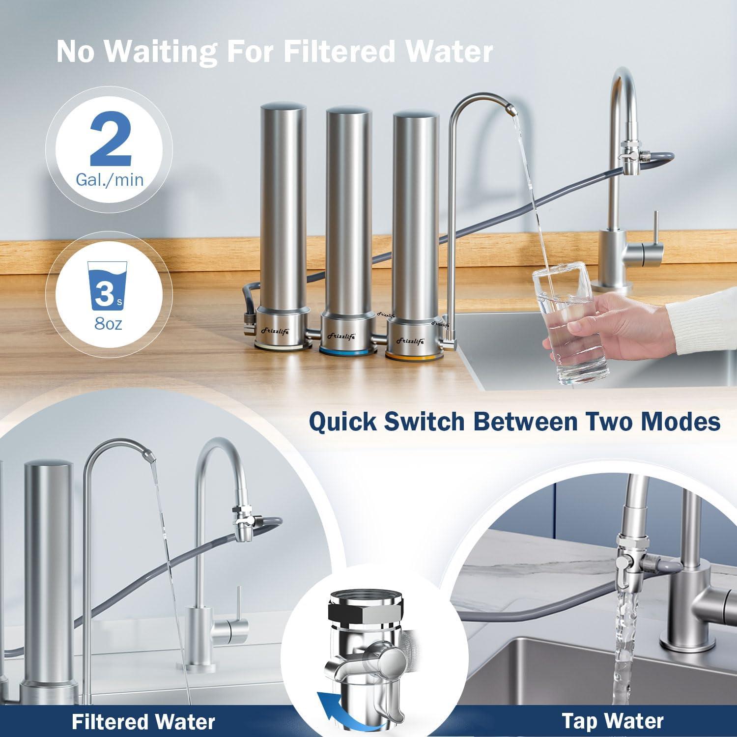 Frizzlife DS99 Dual Countertop Water Filter System, 8-Stage Stainless Steel Faucet Water Filtration System