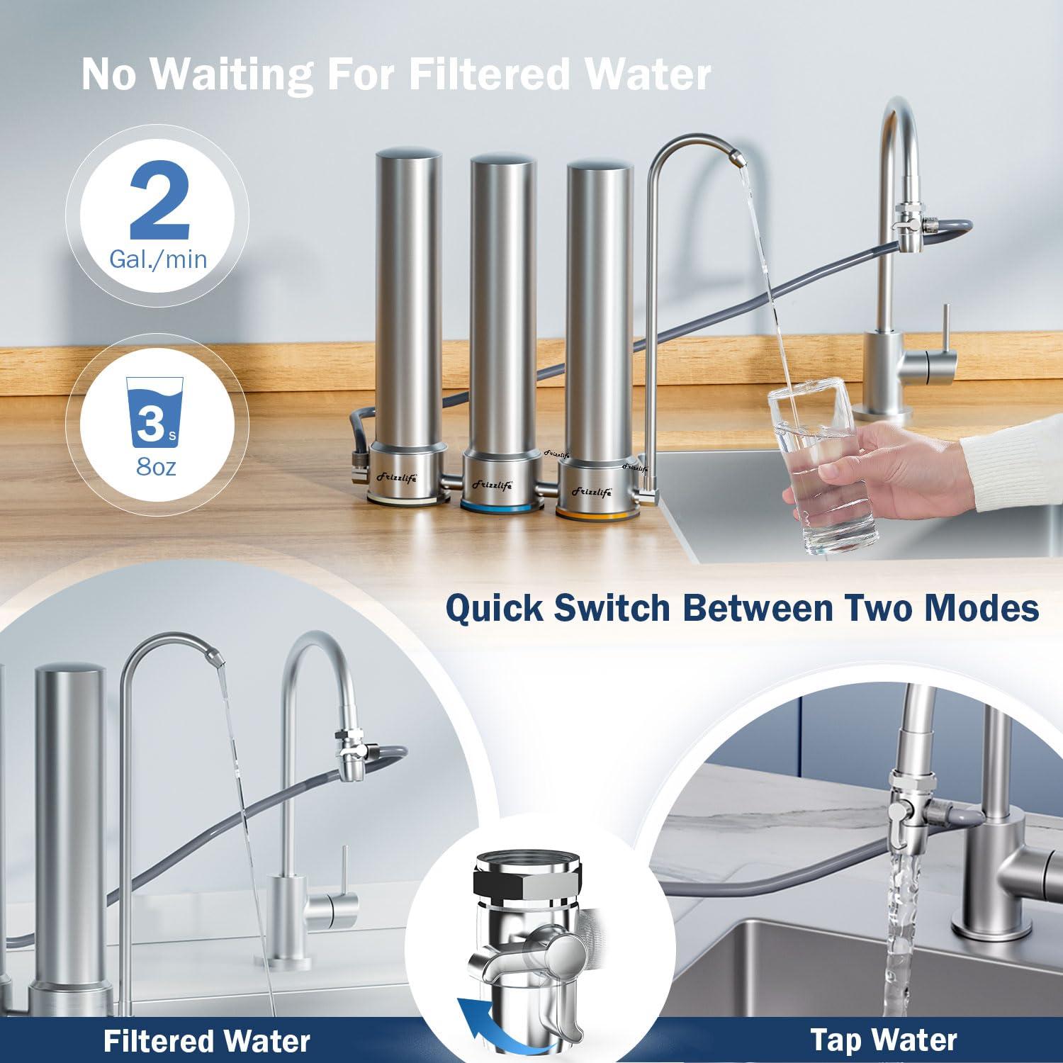 Frizzlife DS99 Dual Countertop Water Filter System, 8-Stage Stainless Steel Faucet Water Filtration System
