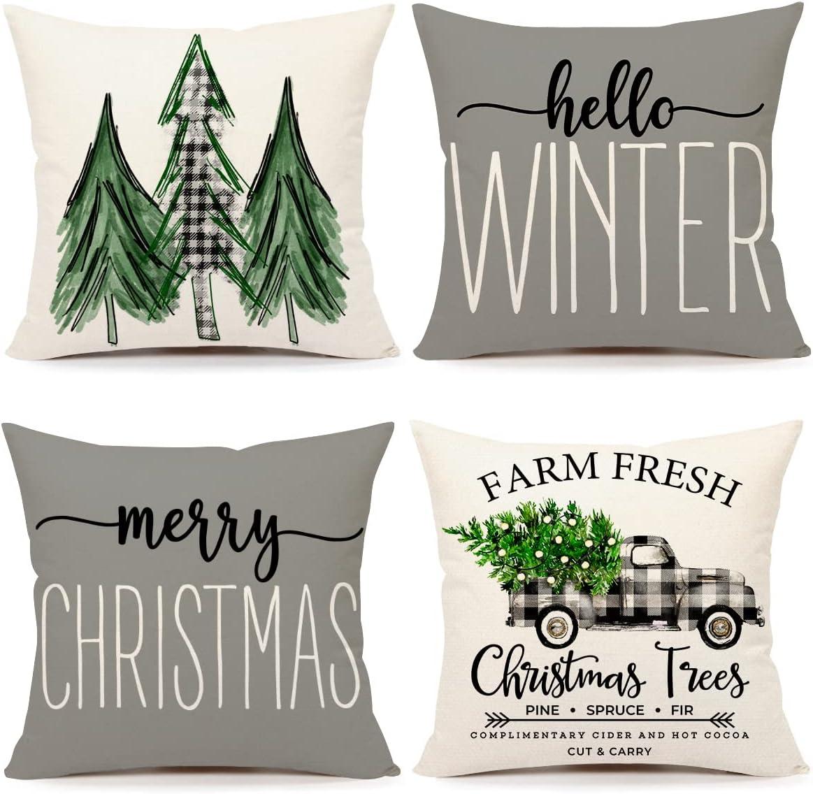 Christmas Pillow Covers 18 x 18 Inch Set of 4  Grey Merry Xmas Tree Snow Hello Winter Decorative Throw Pillowcases Farmhouse Holiday Pillow Cases Decoration for Sofa Couch AA273-18