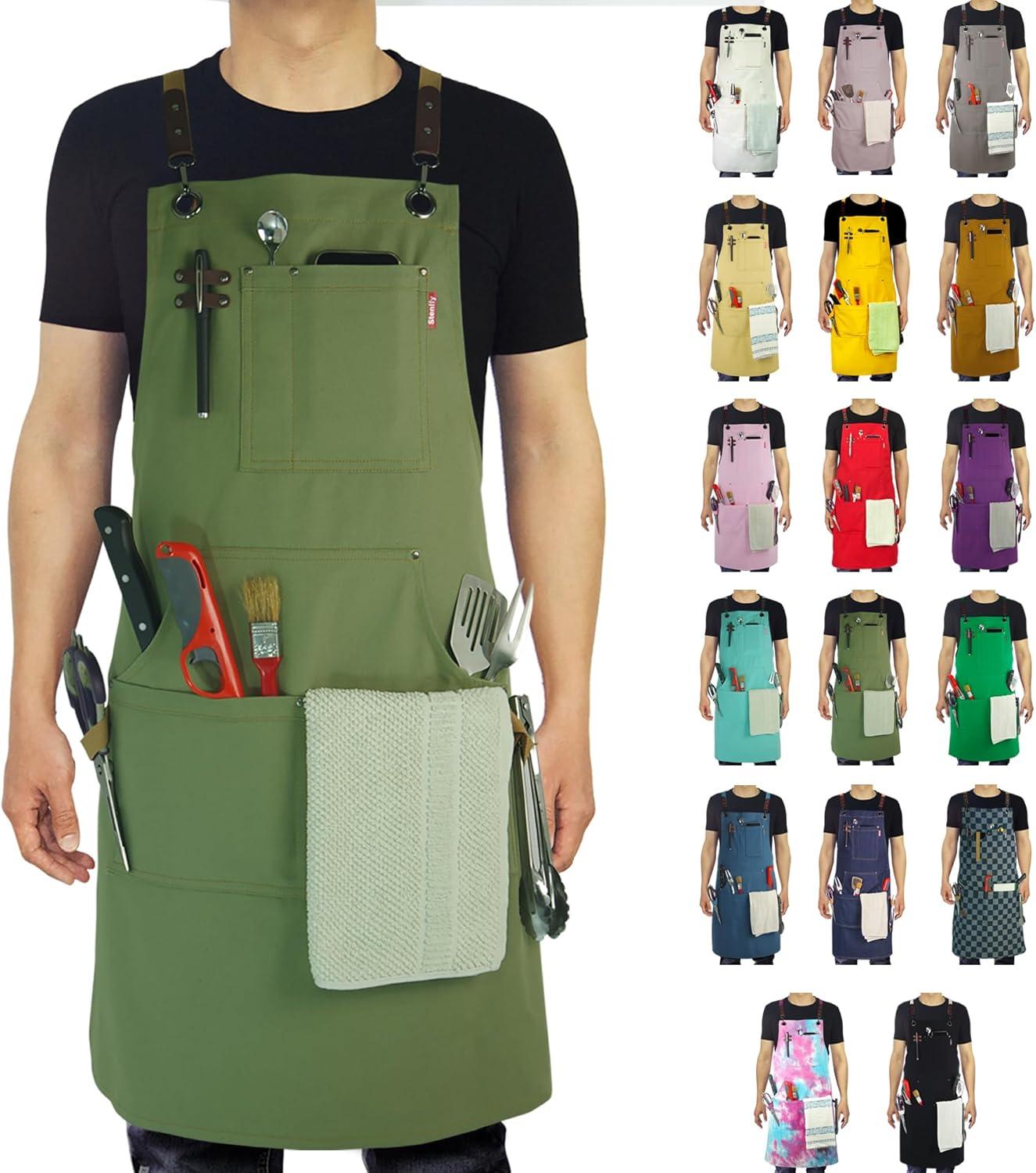 Work Apron for Chef, Barista, Horticulturist, Artist, Multiple Pockets, Adjustable, PlusSize, Olive