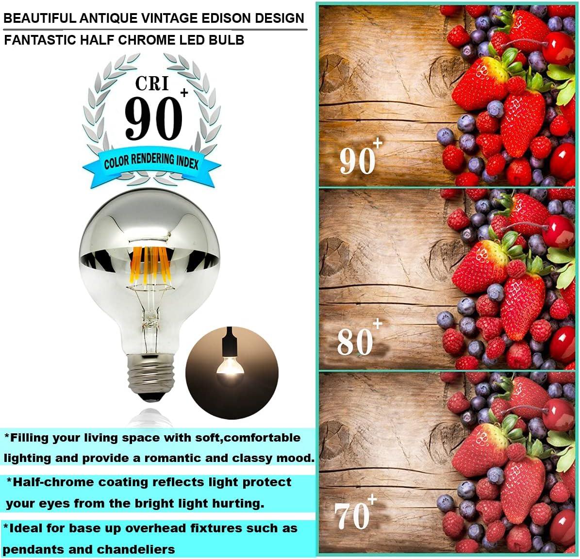 Half Chrome Light Bulb,LED Edison Bulbs 6W(60W Equ),Dimmable G80/G25 Globe Shape,Decorative Half Silver Reflected Bulb,2700K Soft White E26 for Wall Sconce,Vanity,Pack of 4