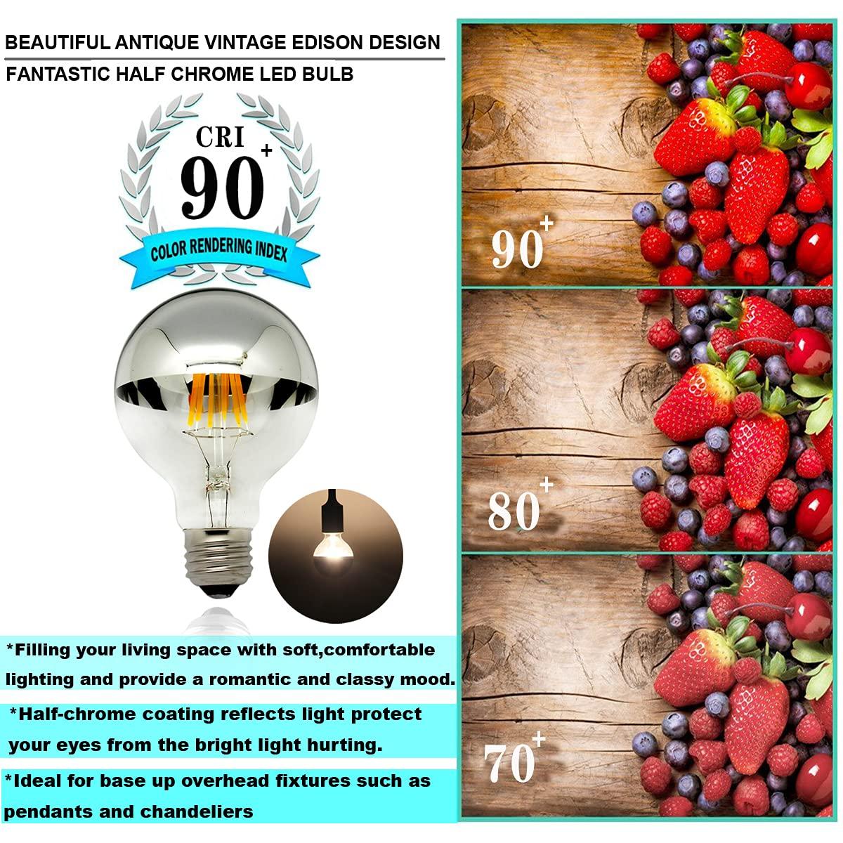 Half Chrome Light Bulb,LED Edison Bulbs 6W(60W Equ),Dimmable G80/G25 Globe Shape,Decorative Half Silver Reflected Bulb,2700K Soft White E26 for Wall Sconce,Vanity,Pack of 4