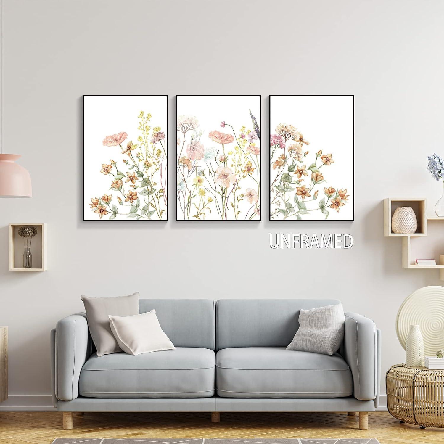 Framed Wildflower Wall Art Canvas Prints Plant Watercolor Floral Poster Set of 3 Colorful Botanical Rustic Painting Farmhouse Picture Wall Decor for Bedroom Living Room Bathroom12x16in