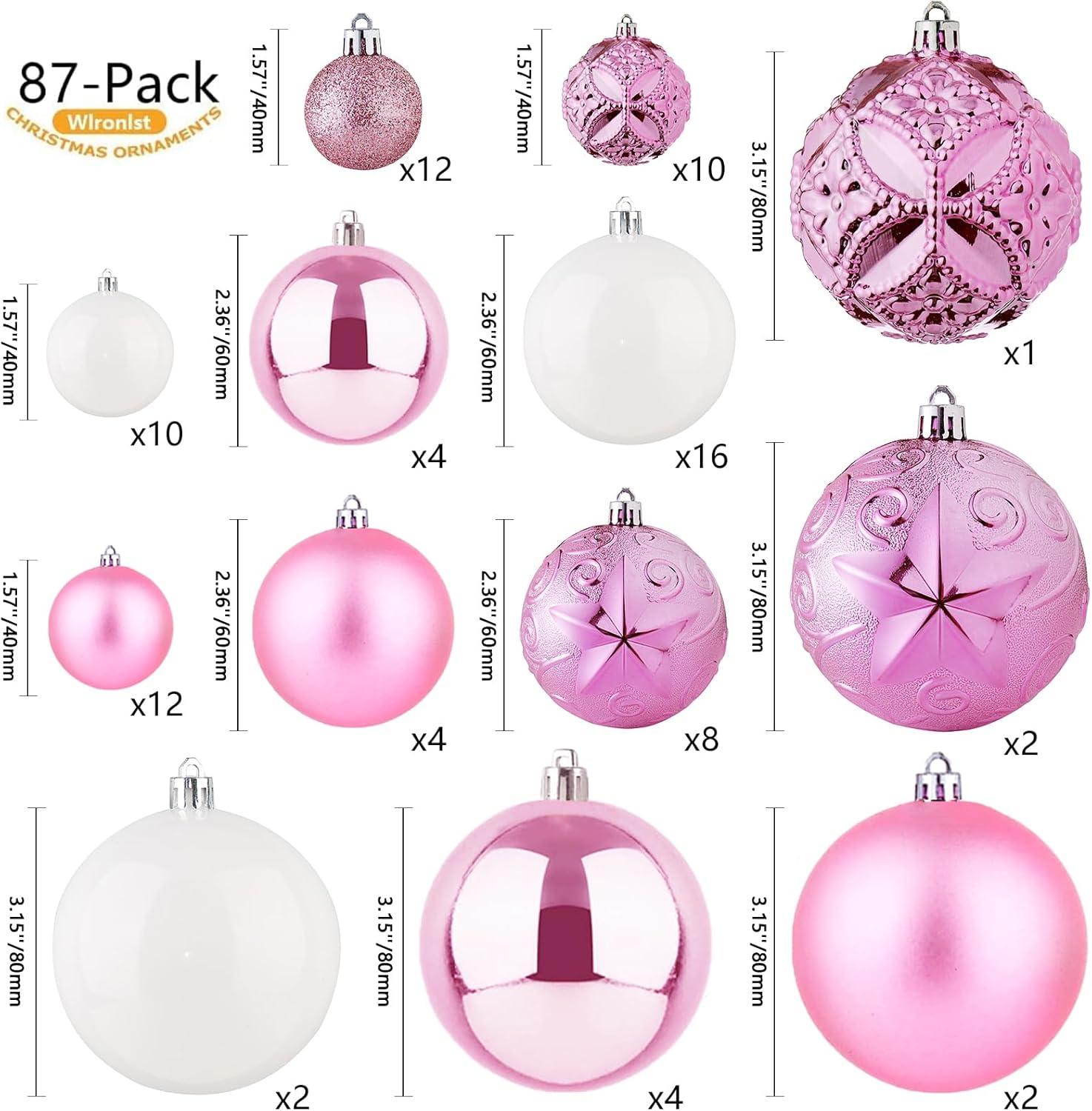 87-Pack Rose Gold and White Shatterproof Plastic Christmas Ornaments Set