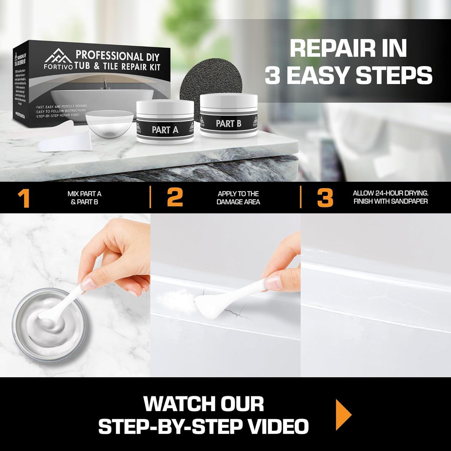 White Porcelain Repair Kit, Fiberglass Tub Repair for Sink, Shower, Countertop, and Tile - Acrylic Tub and Cracked Porcelain Sink Repair