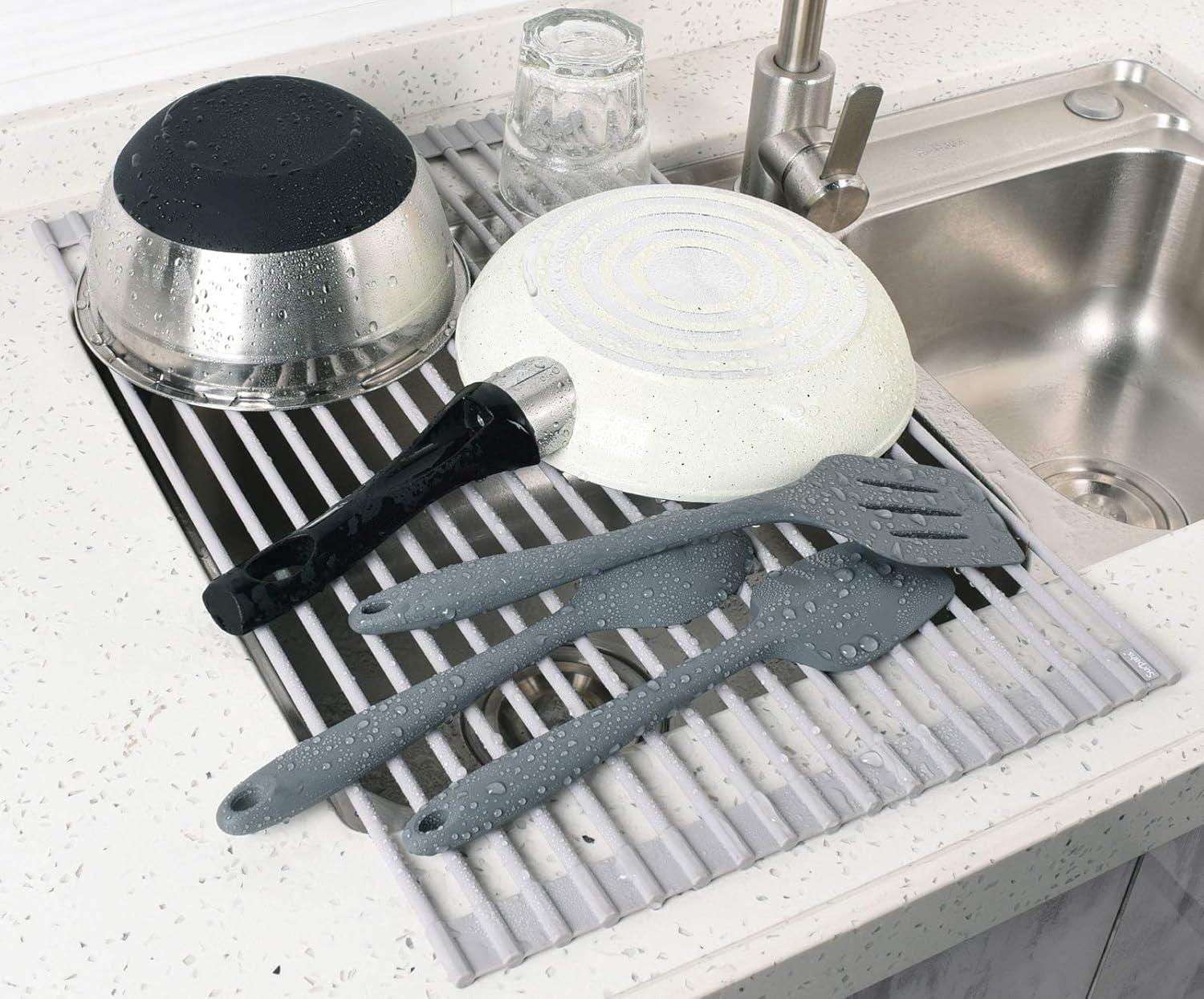 Warm Gray Silicone Wrapped Stainless Steel Roll-Up Dish Drying Rack