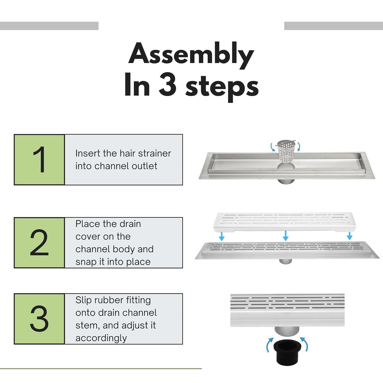 SereneDrains 304 Stainless Steel 60 Inch Linear Polished Chrome Shower Drain Kit Broken Lane Linear Shower Drains for Tile Floor Long Hair Catcher Strainer Cover Bathroom
