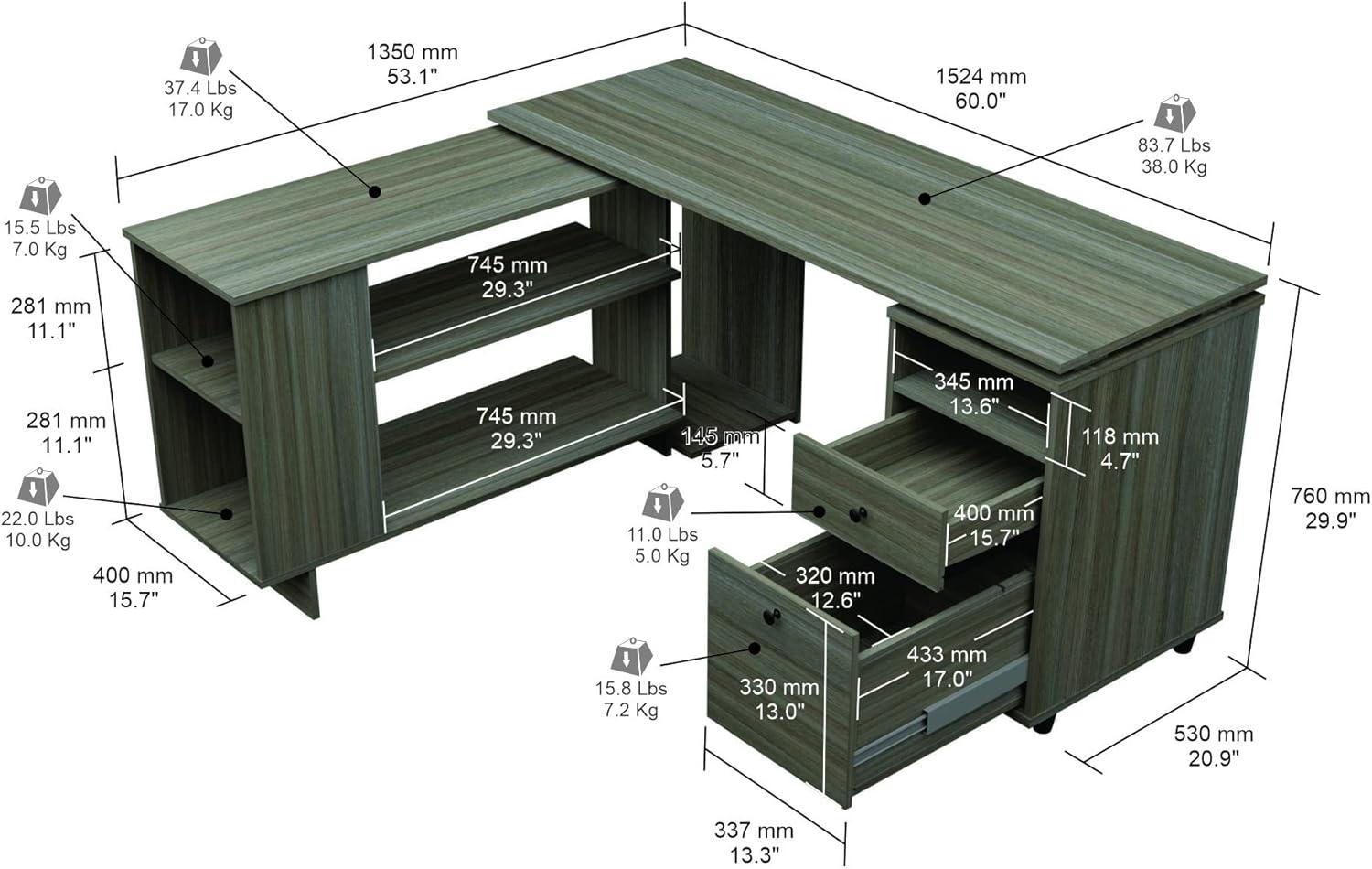 Inval L-Shaped Reversible Computer Desk, Smoke Oak