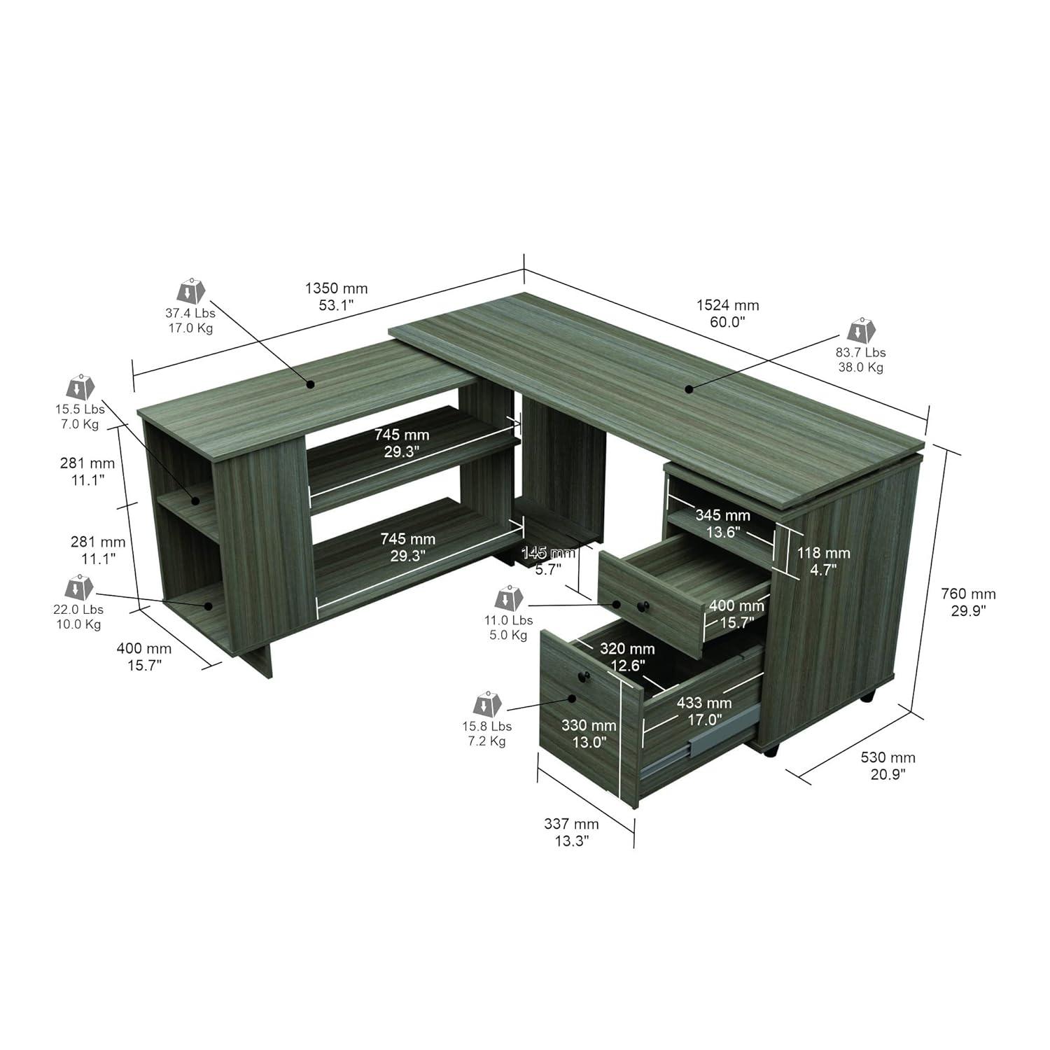 Inval L-Shaped Reversible Computer Desk, Smoke Oak