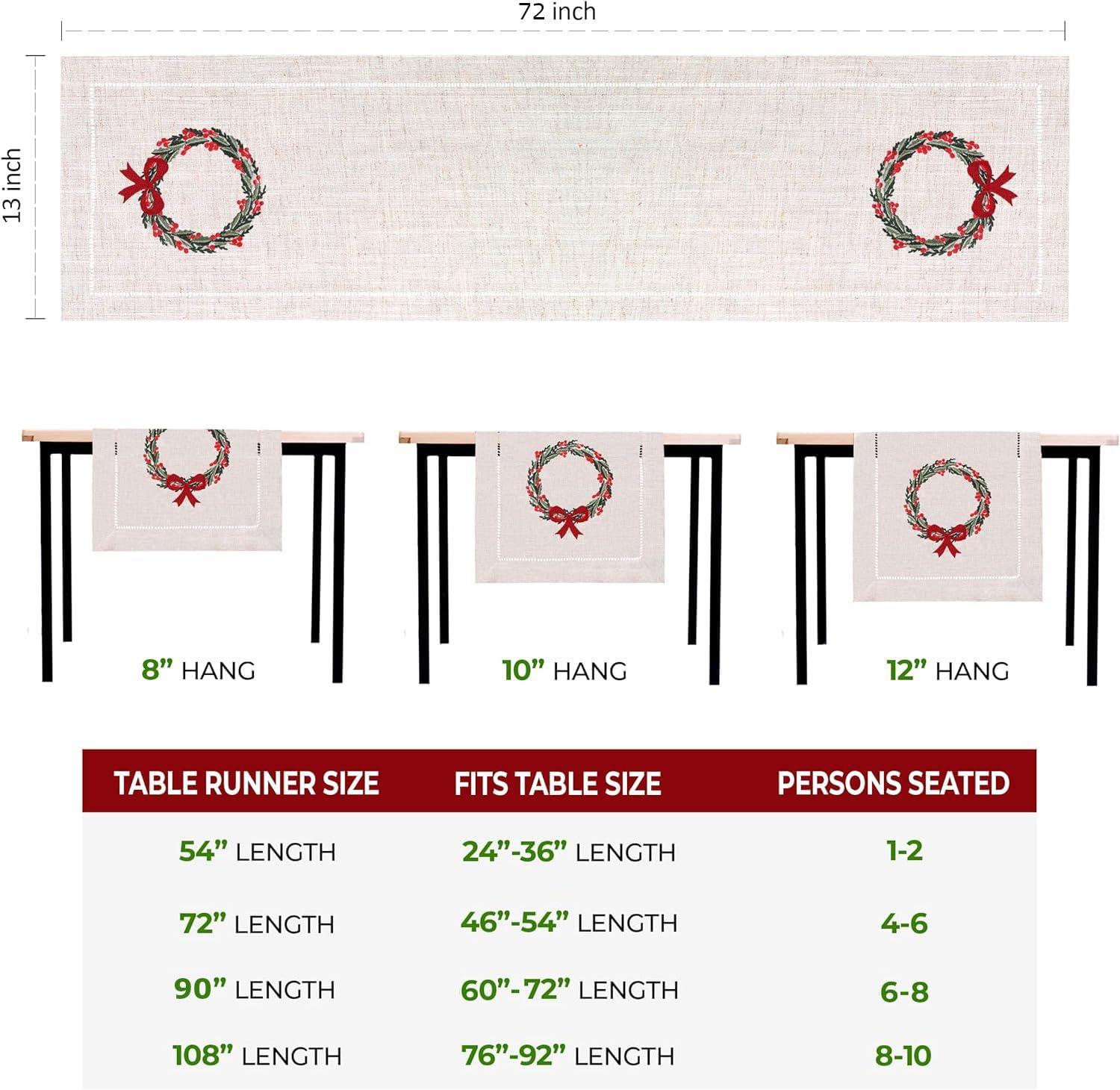 Christmas Table Runner Holiday Wreath Embroidery Hemstitch Border Beige 13 x 72 Polyester Linen