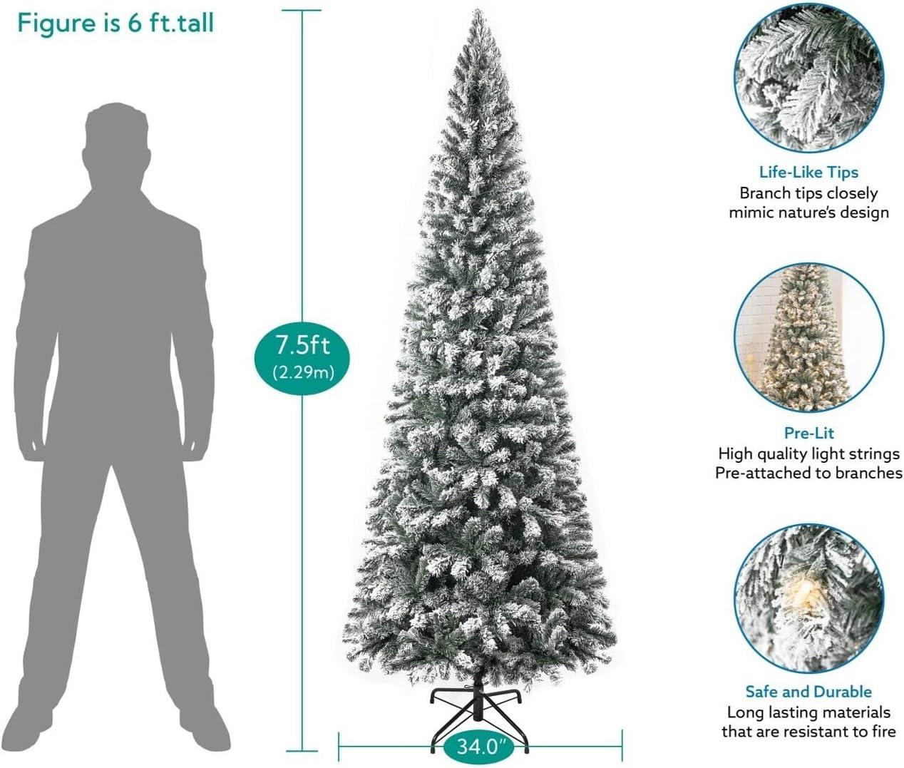 Salzburg 7.5ft Frosted Prelit Slim Artificial Christmas Tree with 1102 Branch Tips, 350 Warm Lights and Metal Stand, 34" wide Realistic Snow Flocked Skinny Pencil Christmas Tree by Naomi Home