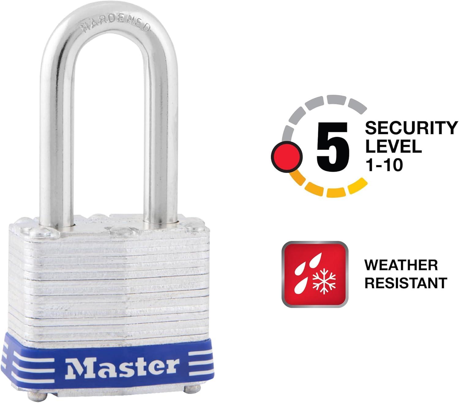 Master Lock Shackle 1 9/16" Key Padlock: Steel, Pin-Tumbler, Outdoor Gate Use, Automatic Locking, Silver, Storage Lock