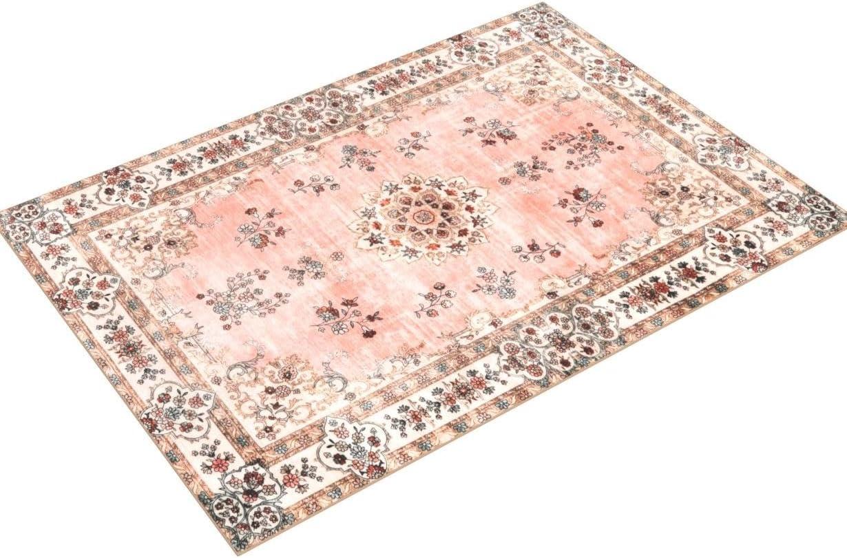 Hasoo Area Rug 5' x 7' Washable Modern Floral Rugs for Living Room Non-Slip Accent Carpet Pink