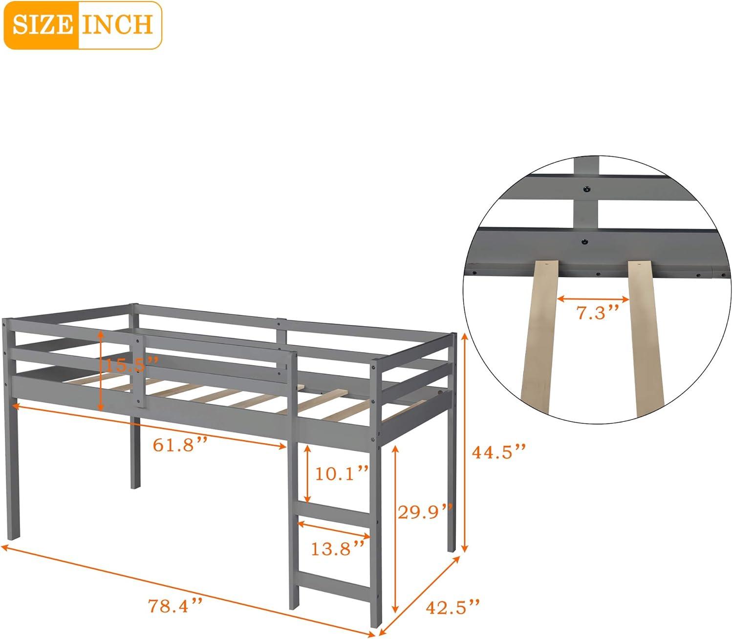Twin Loft Bed Frame with Rolling Desk, Cabinets and Bookshelf, Wood Low Study Loft Bed with Full-length Guardrail for Kids, No Box Spring Required, Gray