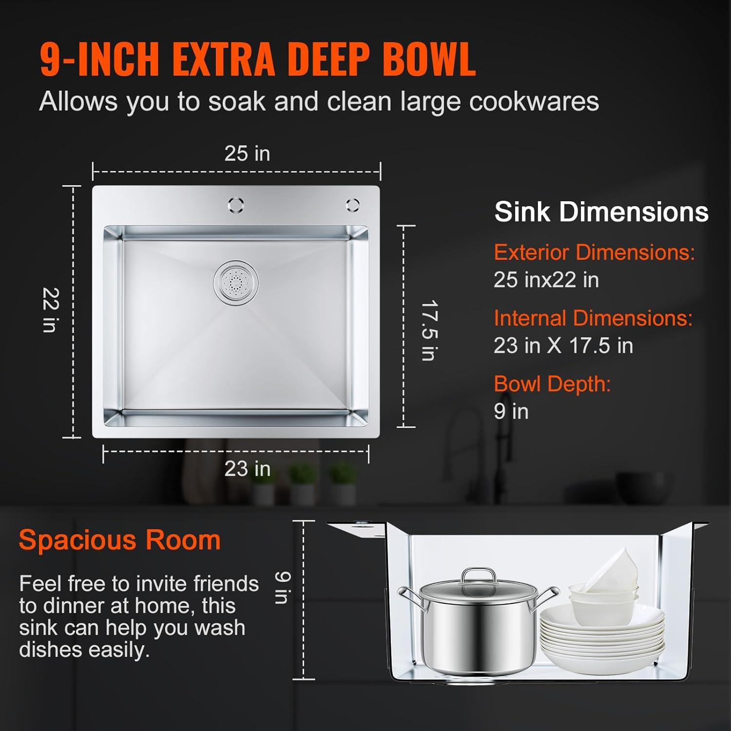 25'' Stainless Steel Single Bowl Top Mount Kitchen Sink