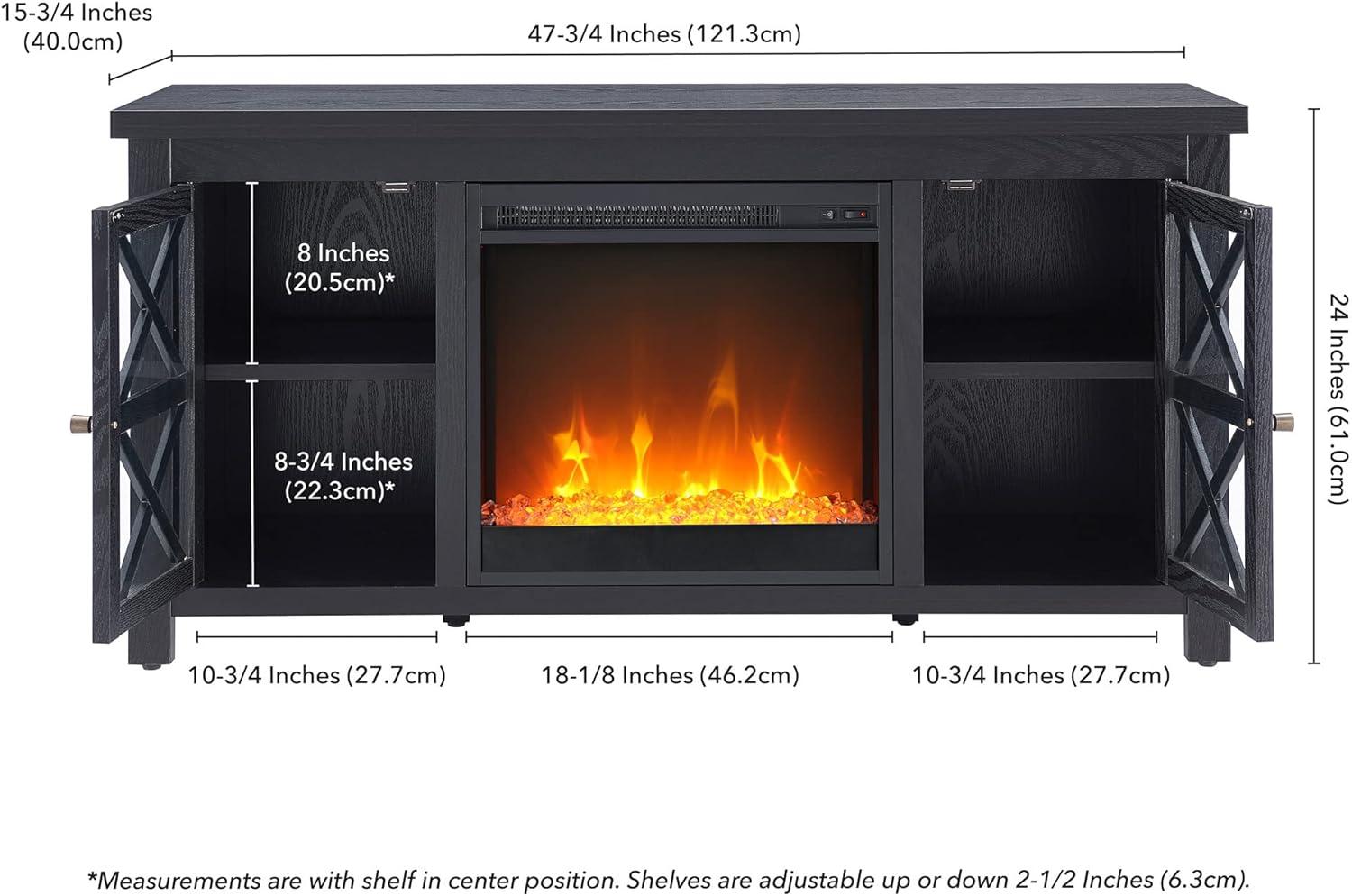 Colton 55" Black Metal TV Stand with Crystal Fireplace and Cabinet