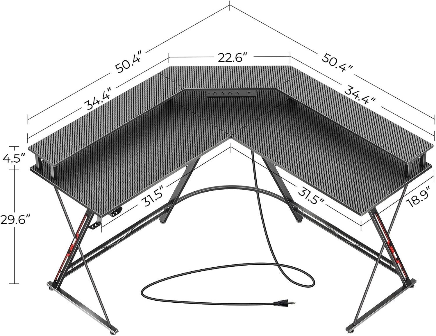 Black L-Shaped Gaming Desk with LED Lights and Monitor Stand