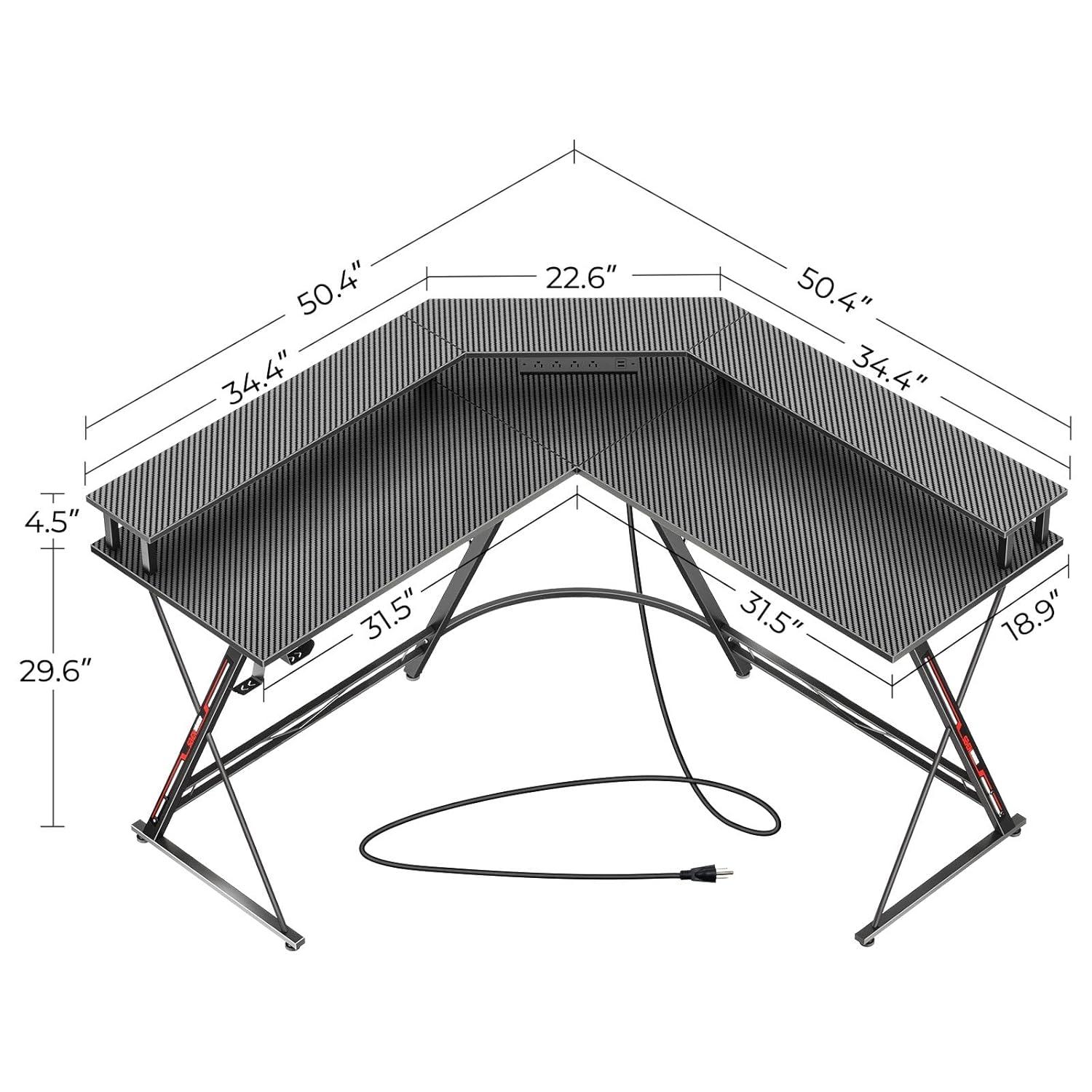 SEVEN WARRIOR L Shaped Gaming Desk with LED Lights & Power Outlets, 50.4” Computer Desk with Monitor Stand, Corner Desk with Carbon Fiber Surface, Gaming Table with Hooks, Black