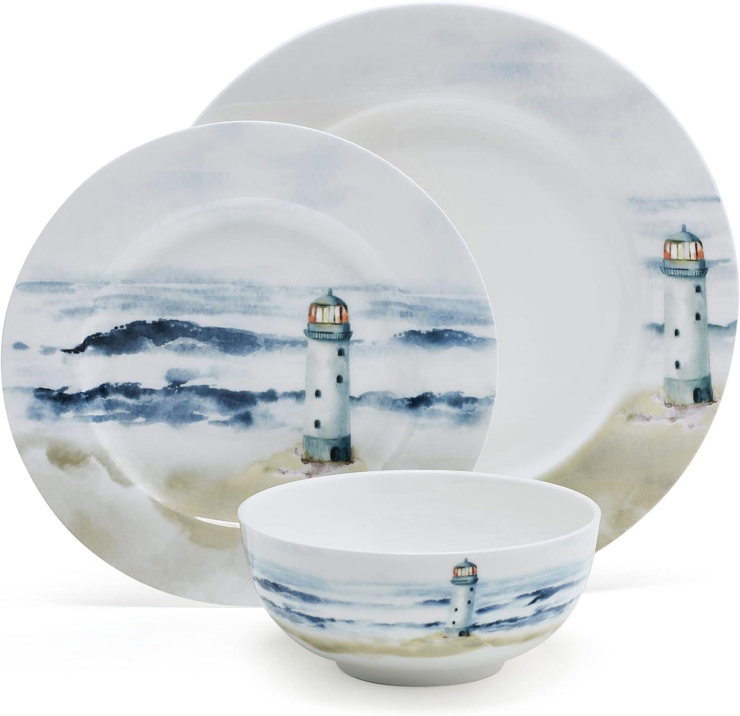 Seaside Coastal Multicolor Porcelain 12-Piece Dinnerware Set, Service for 4