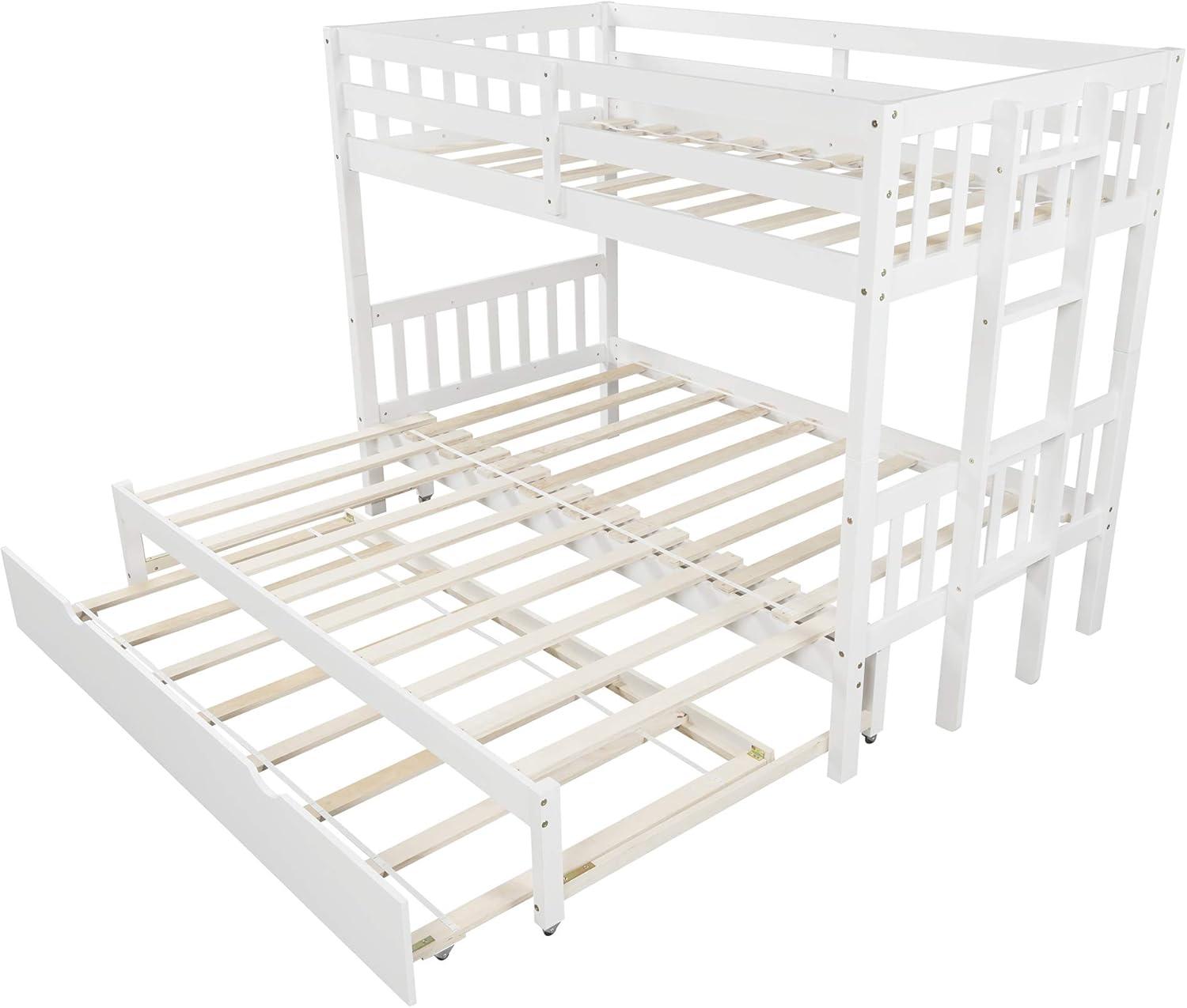 DreamBuck, Twin over Pull-out Bunk Bed with Trundle, Solid Wood Twin Over Twin/King Bunk Bed, Extendable Bunk Beds with Ladder and Safety Rail, Thicken Wooden Bunkbed, Accommodate 4 People, White