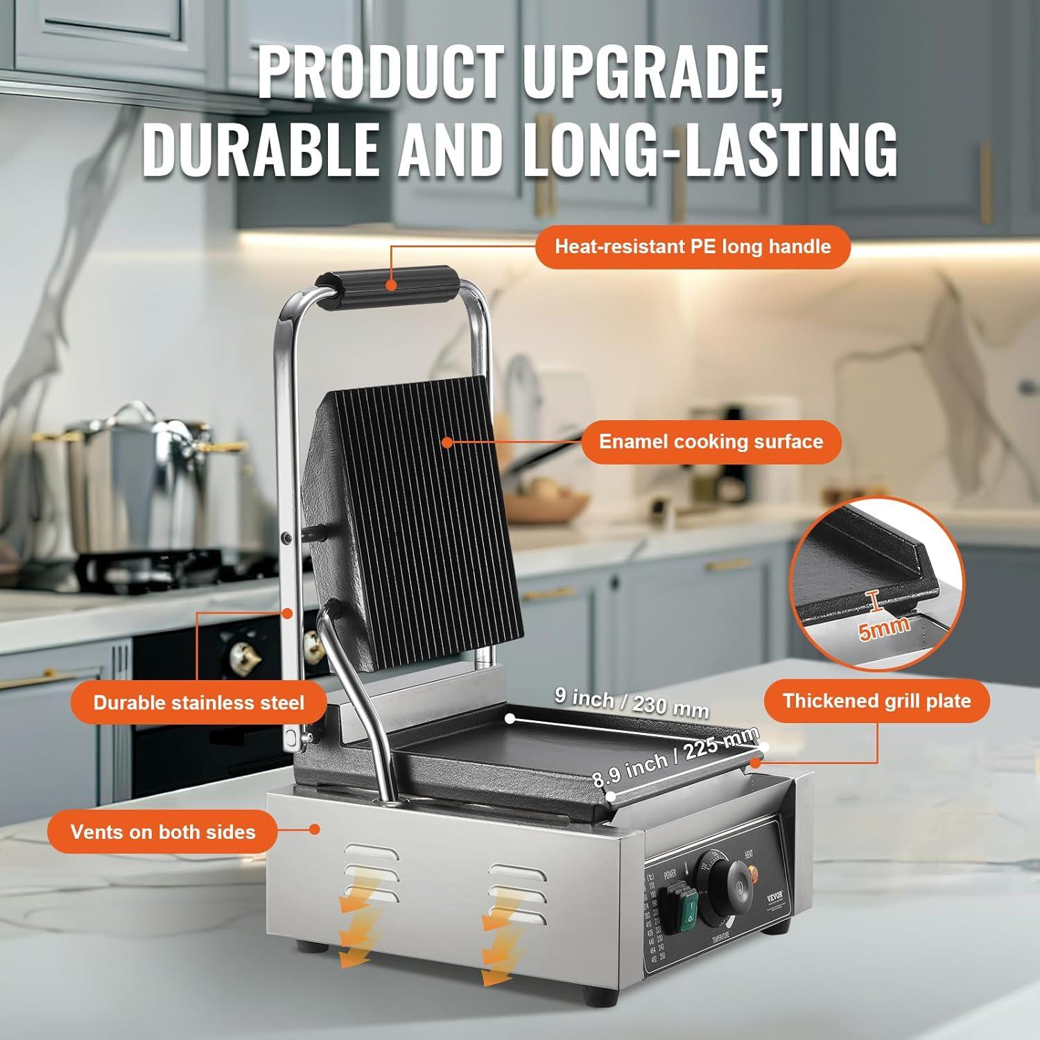 Stellweilan Tessberg Commercial Panini Press Grill Electric Sandwich Maker Griddle Plate 9"x9"