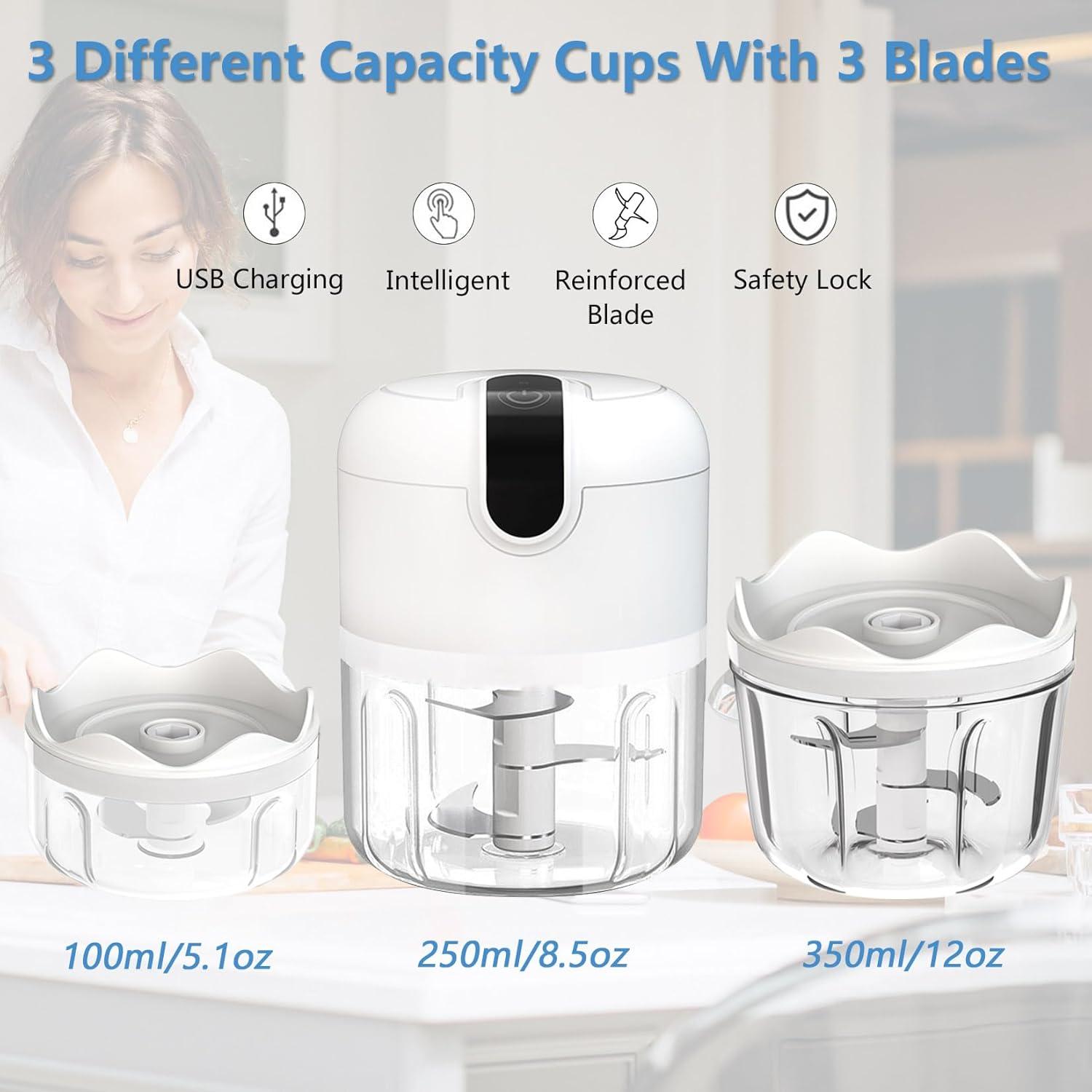 (100+250+350ML) White 3 Pcs Cordless Mini Food Chopper,Small Food Processor for Garlic,Nut,Meat