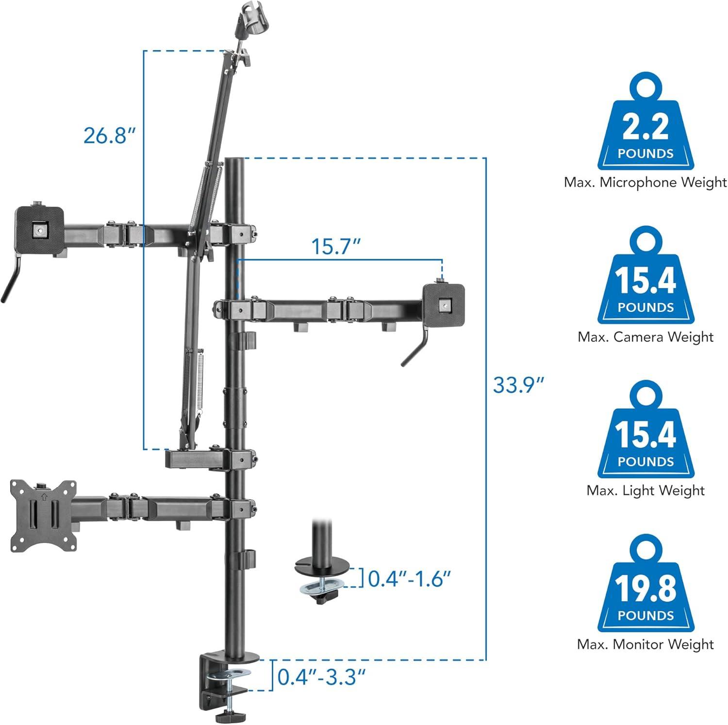 Black Steel Multi-Arm Desktop Streaming Mount with Mic Holder