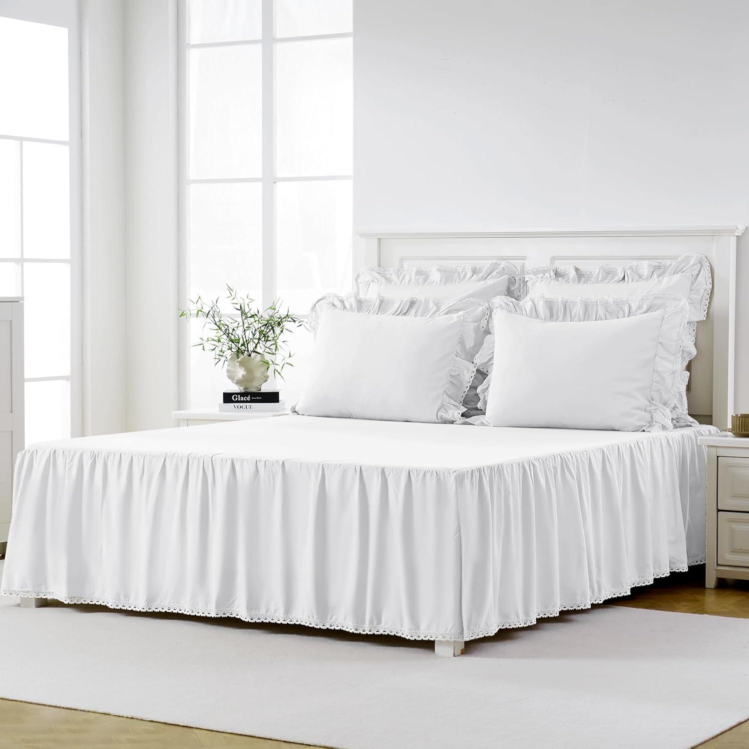 100% Lightweight Cotton Bed Skirt, Full Size 18" Drop, Crochet Edge, White Dust Ruffle, 3 Sides with Split Corners, French Romantic Style