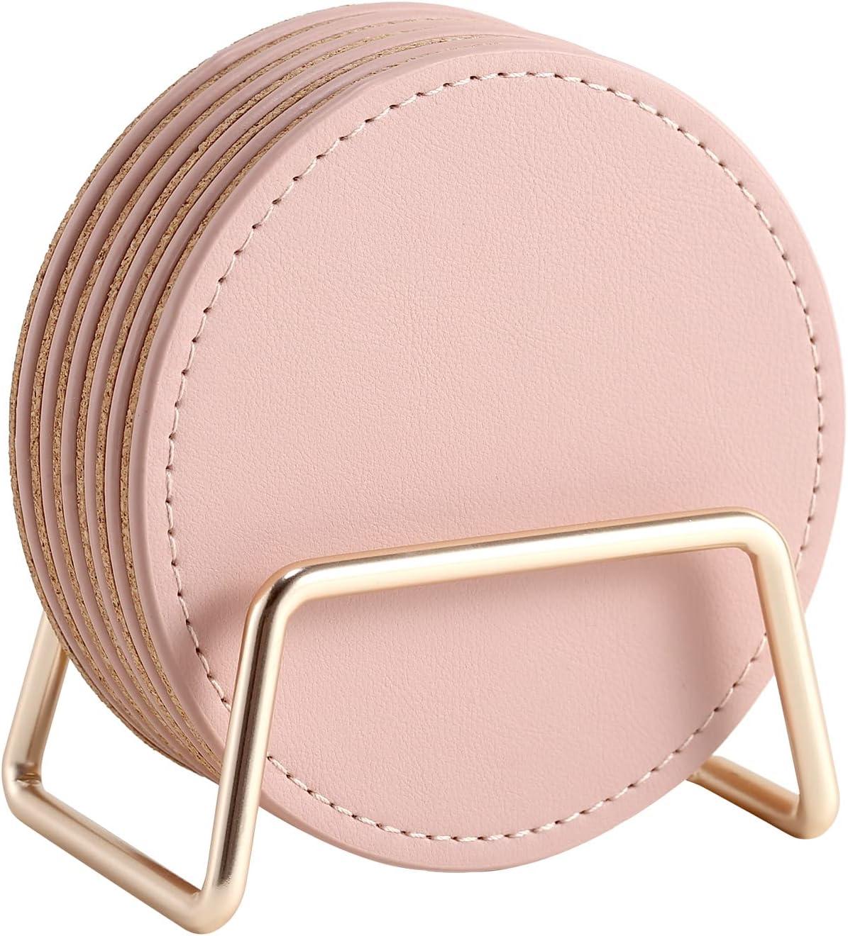 Pink PU Leather Coasters with Gold Metal Holder, Set of 6