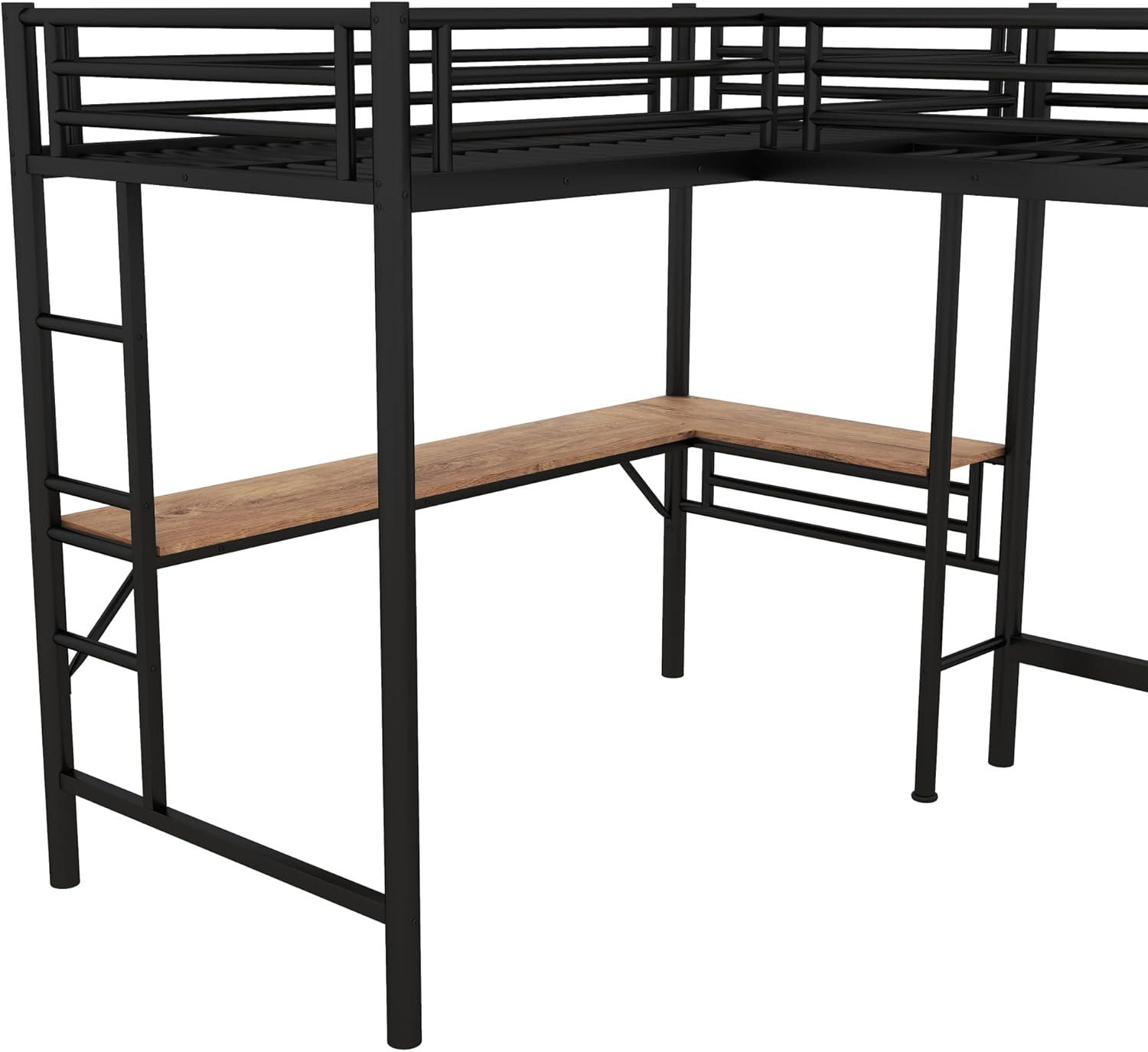 Mason & Marbles Double Twin Size Loft Beds, Metal L-Shaped Loft Bed Frame With Two Desk